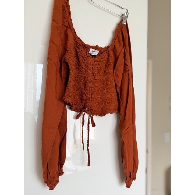 Rust Smocked Off Shoulder Crop Top Boho Cottagecore Anthro Style Sz S