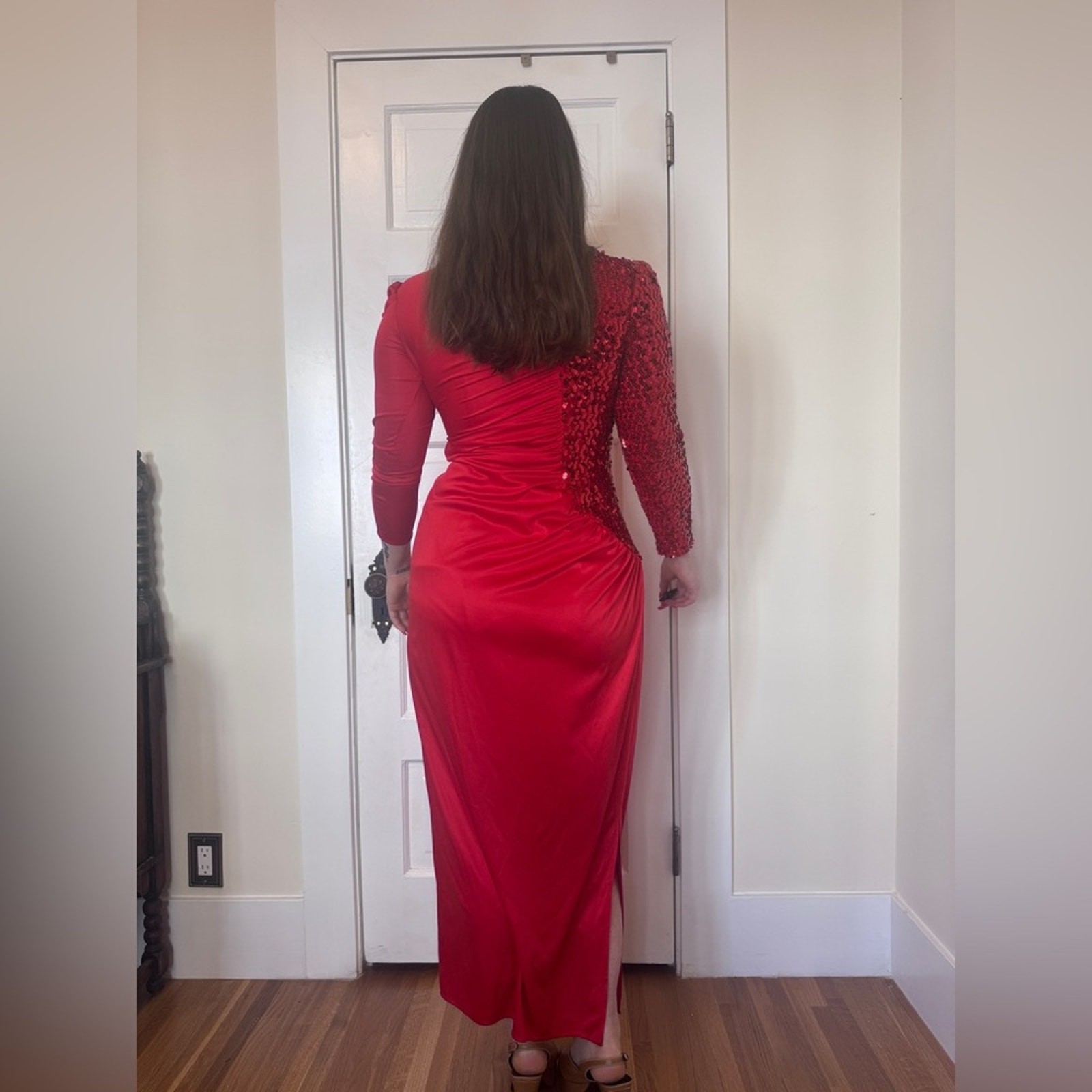 80s Vintage Dynasty Style Red Sequin Wiggle Dress Sz M