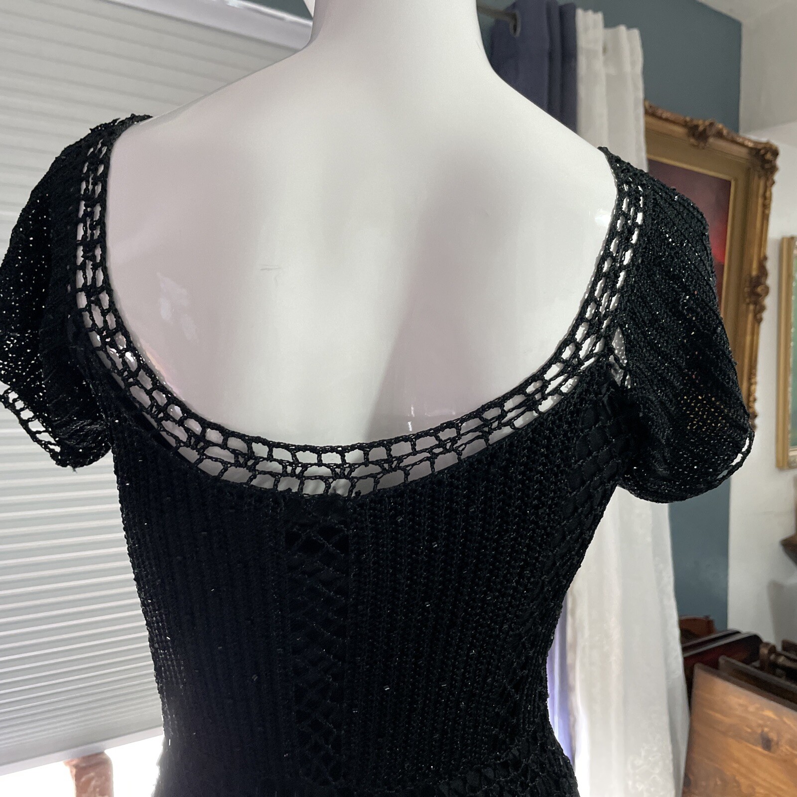 Gorgeous Vintage CACHÉ Black Beaded Crochet Knit Midi Dress XS/S/M