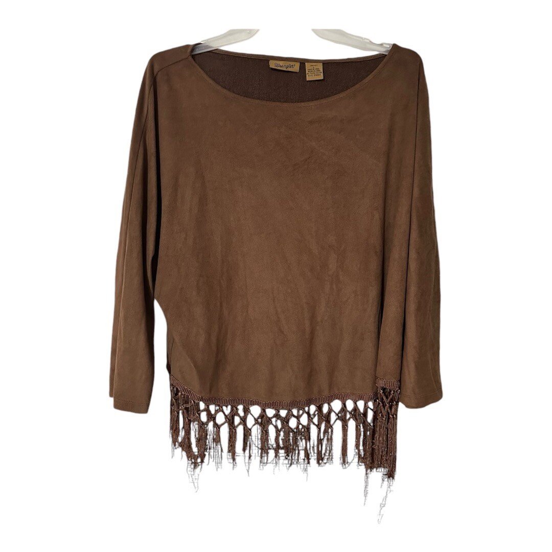 Wrangler Brown Faux Suede Fringe Hem Top L Western Boho Cowgirl Coastal Rodeo