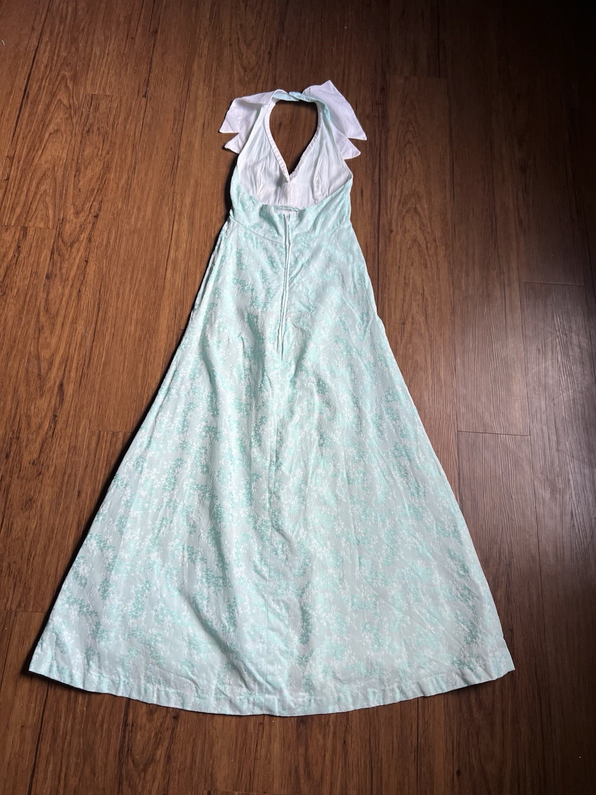 Vintage 60s 70s Maxi Dress XS Aqua White Floral Sailor Halter Jacquard Formal