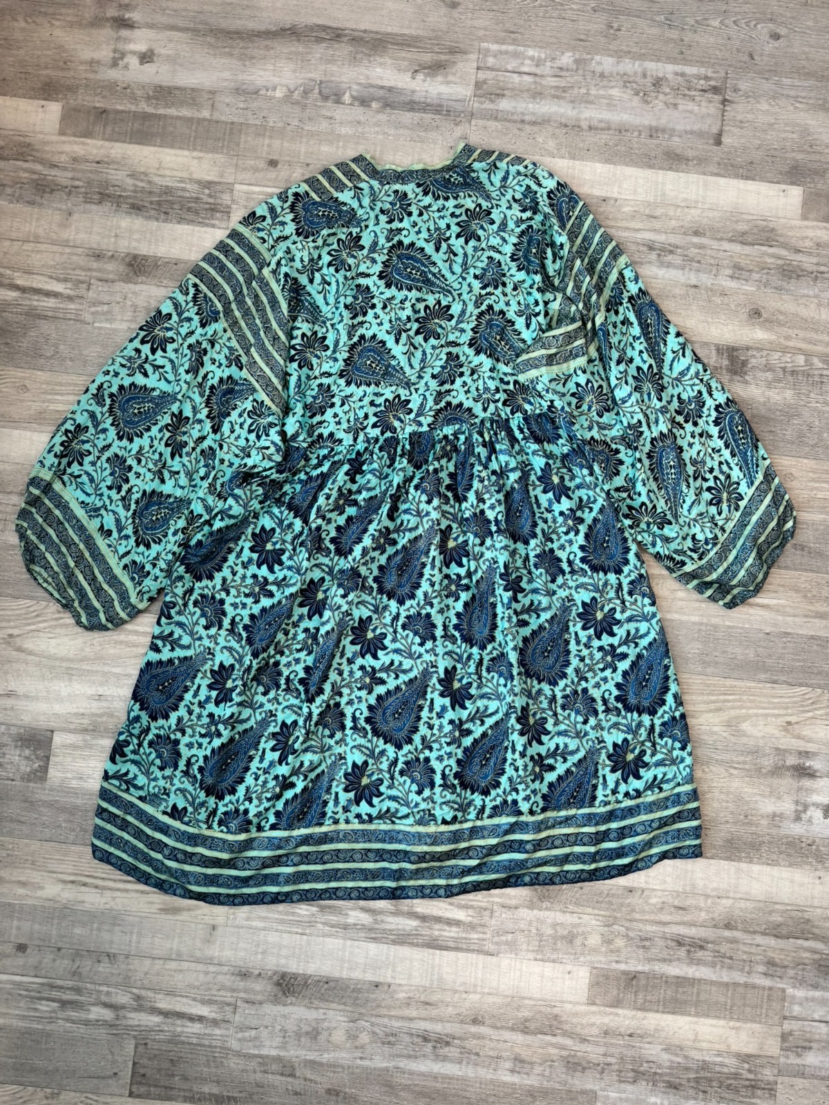 Judith Ann Heiser Egan Vintage Blue India Silk Boho Dress Size Medium 1970s F38