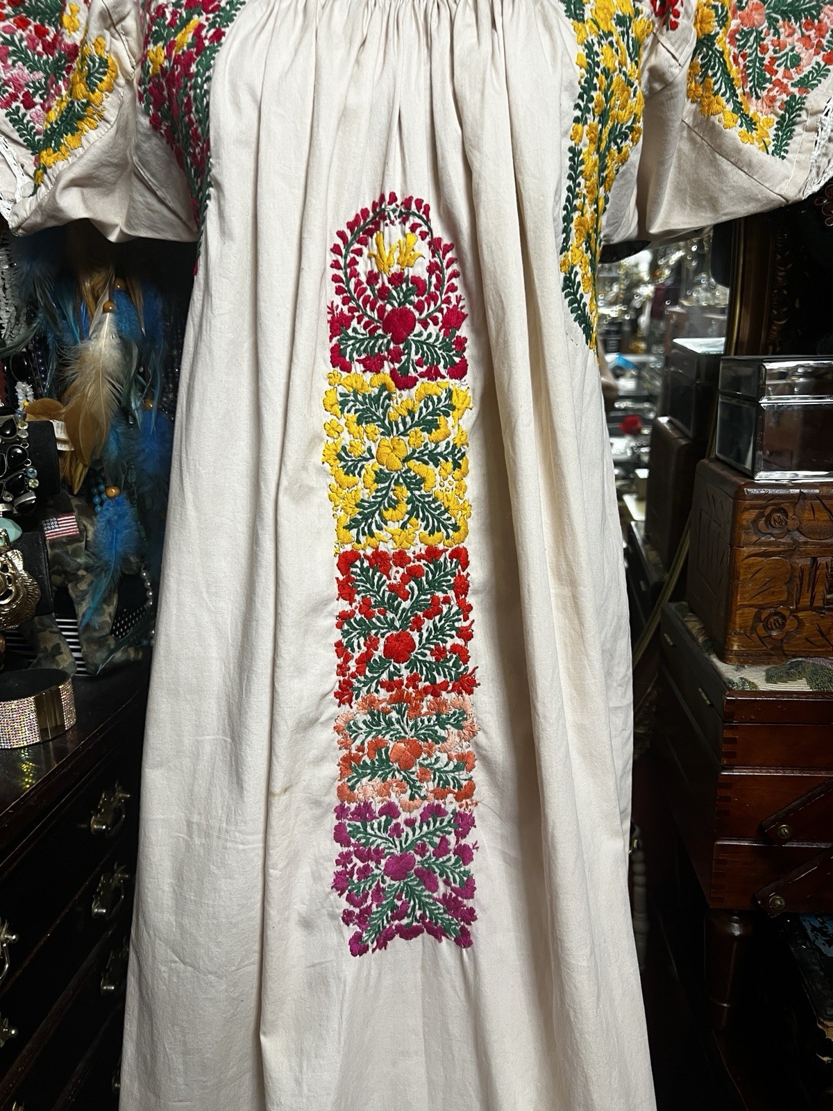 Beautiful Oaxaca Light Beige Dress In Cotton With Multi Color Embroidery M/L