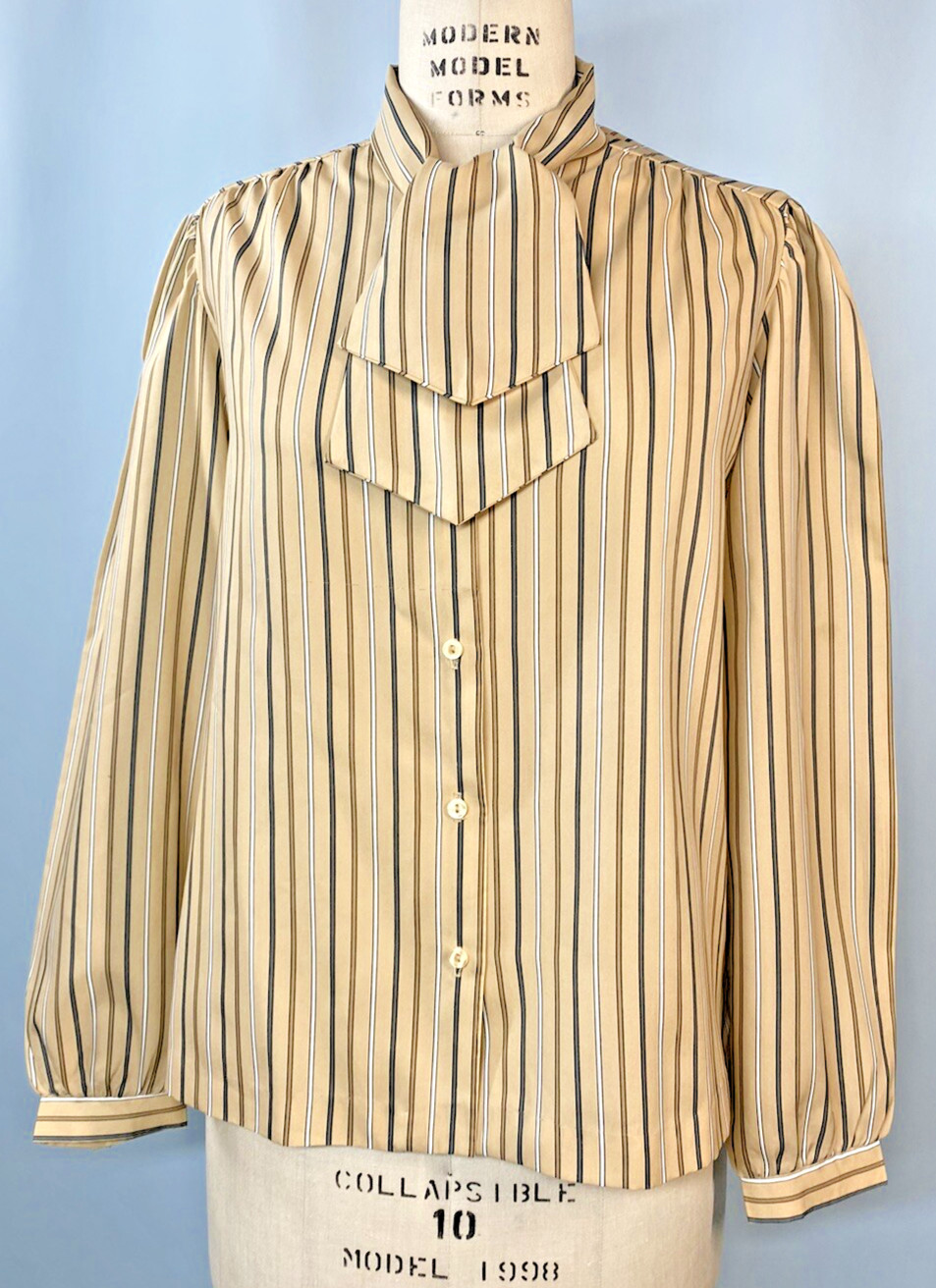 Vintage Blouse SIZE XL tan stripe neutral DONNKENNY modest top secretary 70s 80s