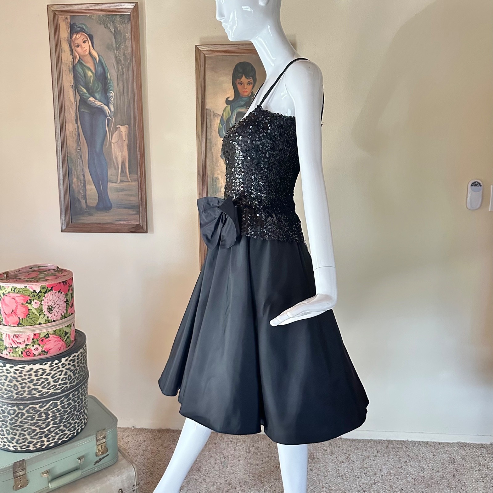 Vintage 1980s Goth Black Sequin Taffeta Party Prom Dress Fit Flare 50s Style M/L