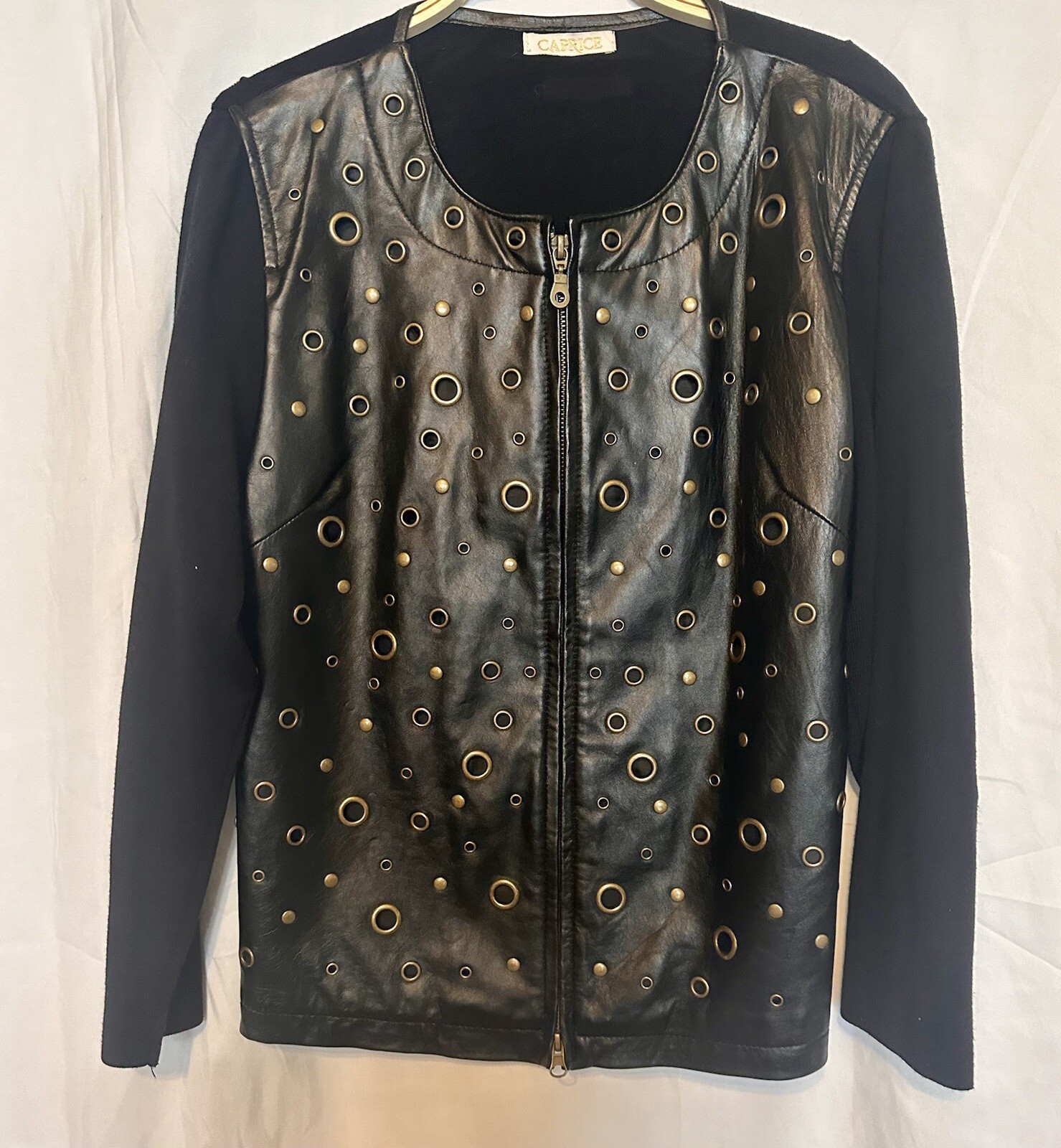 Vintage Caprice Black Lamb Skin Leather Gold Metal Eyelet Sweater Jacket Zipper