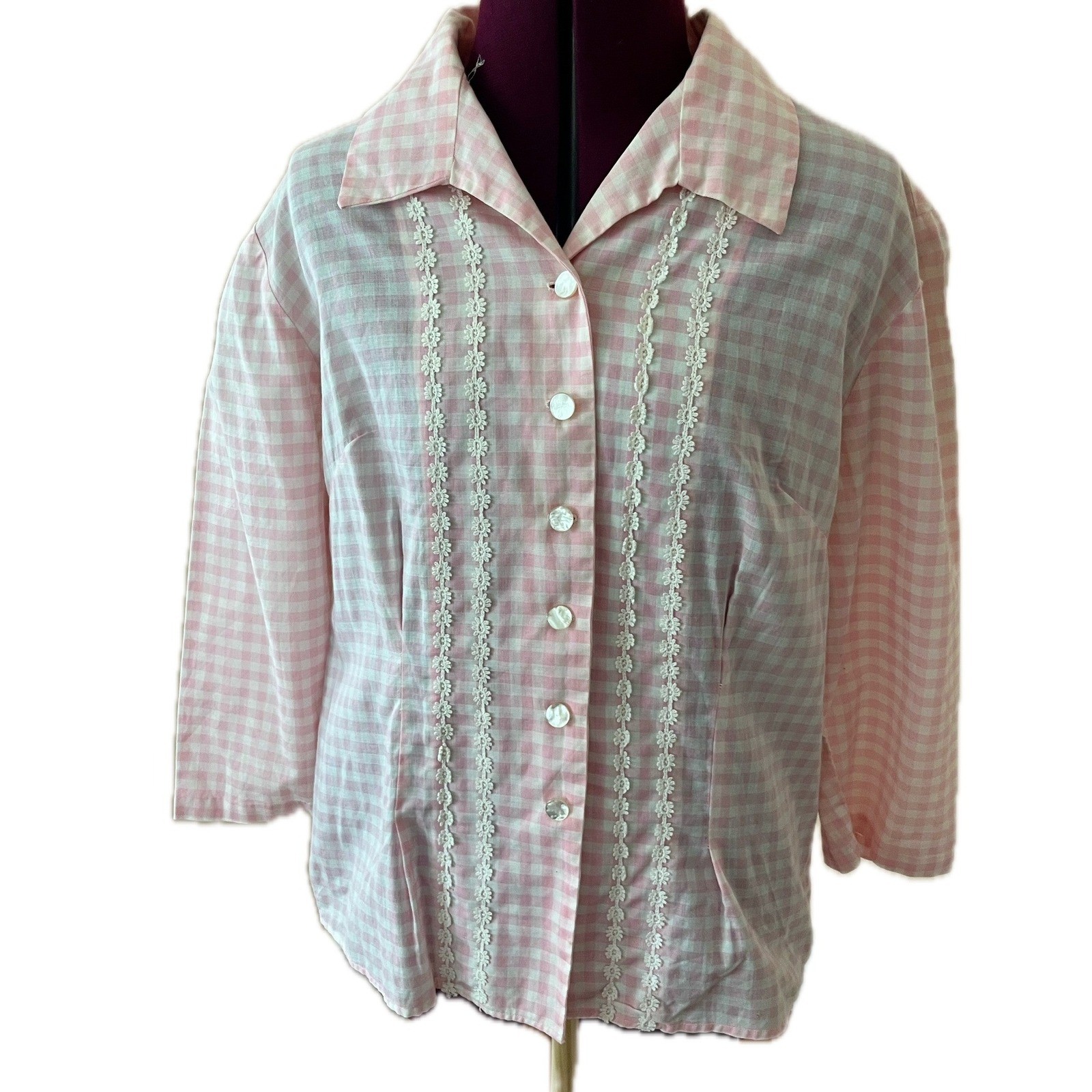 Handmade Vintage 60s Pink Gingham Two Piece Set Floral Lace Cottagecore Sz S