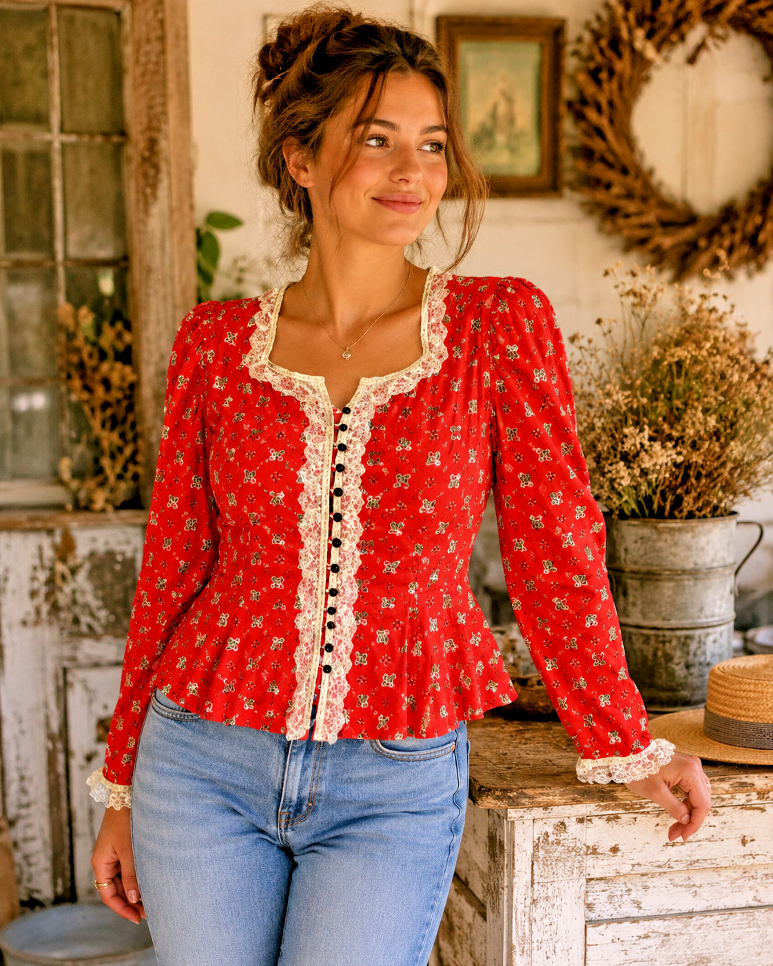 Circle T Womens Blouse Size 17/18 Prairie Cottagecore Lace Trim Peplum USA Made