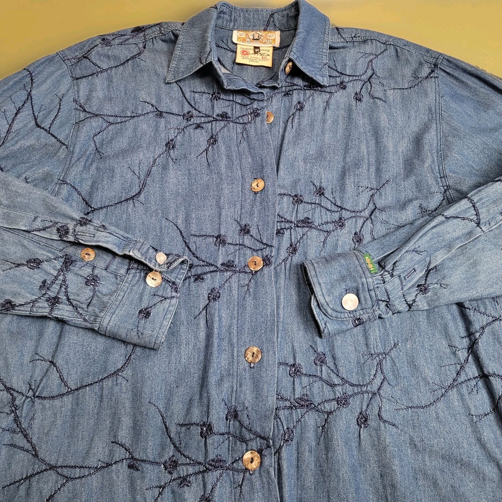Vintage Gene Ewin BIS Shirt Womens M Wrinkled Rich Denim Embroidered 90&rsquo;s USA