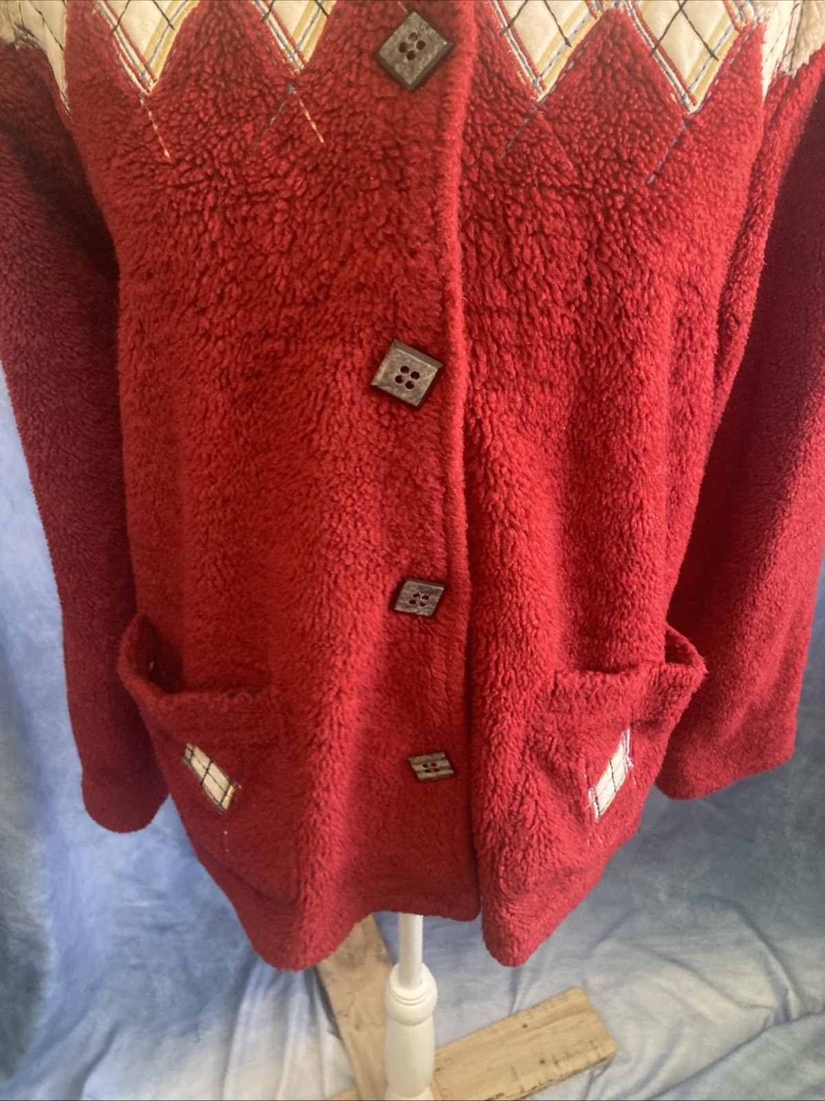 Vtg 1990s Teddi Red Argyle Fleece Jacket Women’s Small Button Up Cardigan GUC