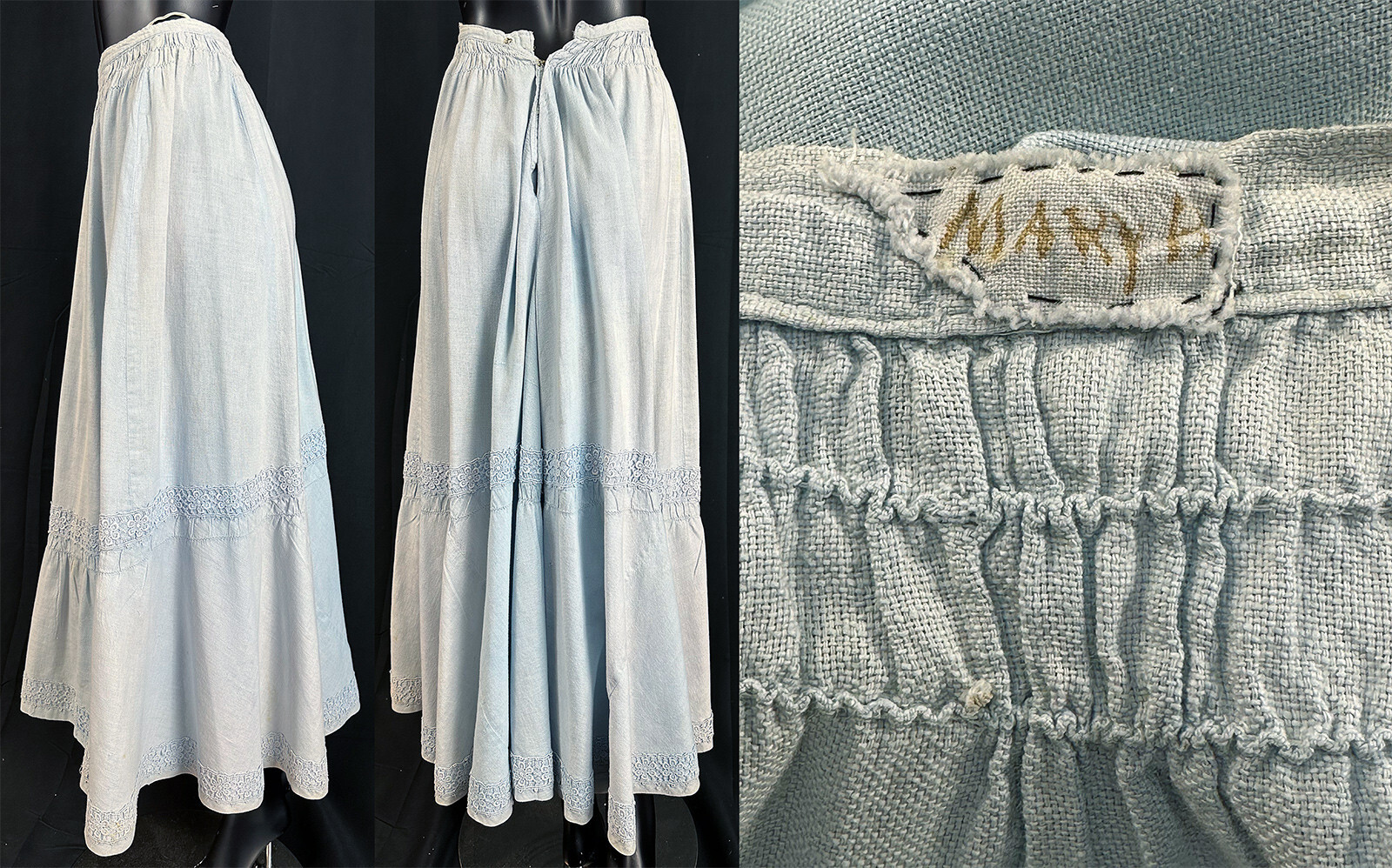 Edwardian Blue Chambray Cotton Linen Lace Trim Women&rsquo;s Walking Suit Skirt VTG