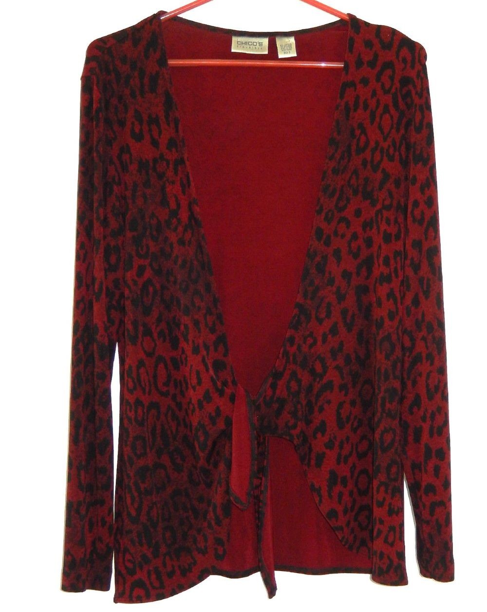 VINTAGE CHICO&rsquo;S TRAVELERS RED & BLACK LEOPARD PRINT TIE FRONT JACKET – SIZE 0