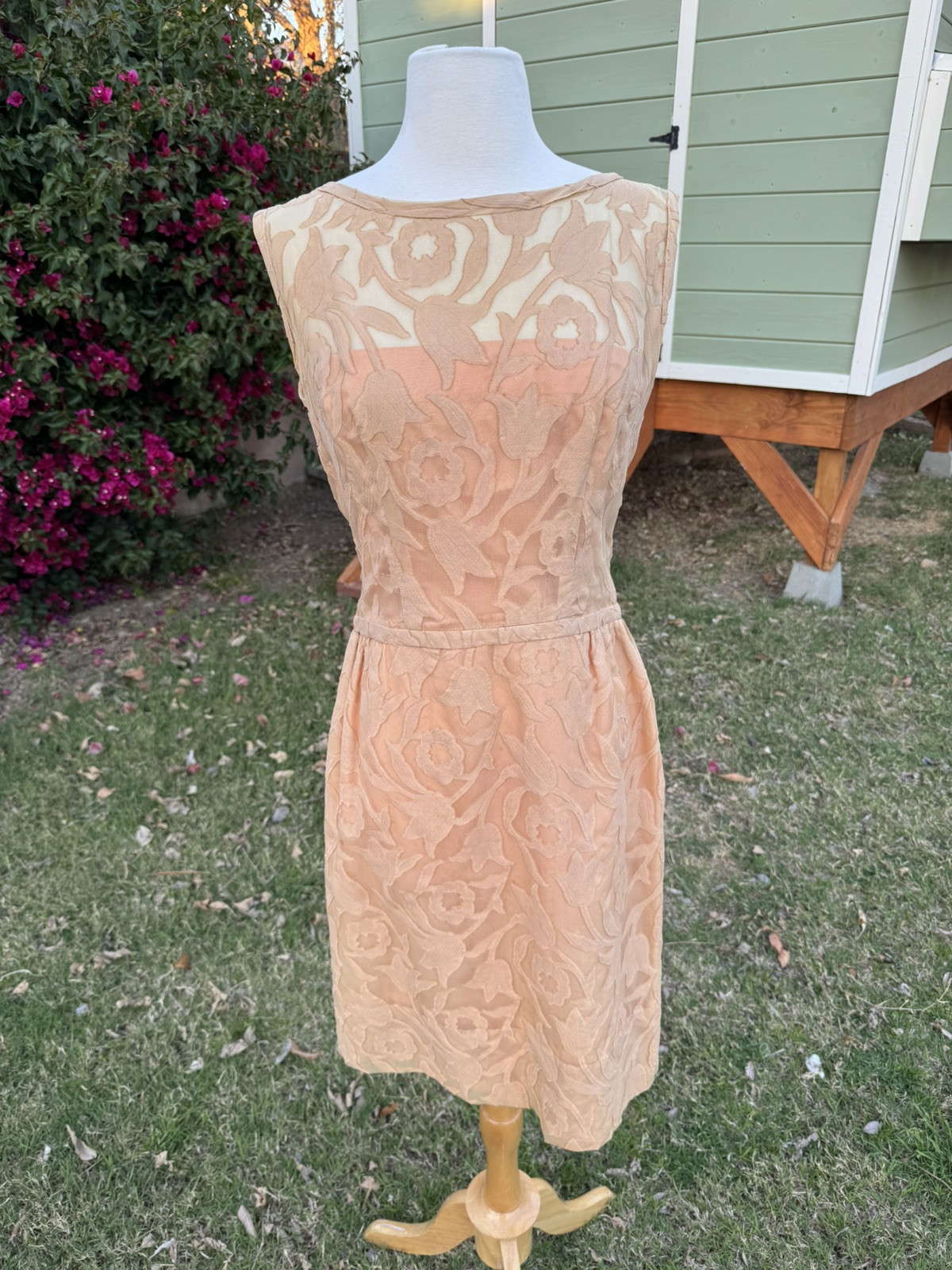 Vtg 50’s Hardy Amies London Dress Dusty Peach Lace Floral Tulip 29” Size 16