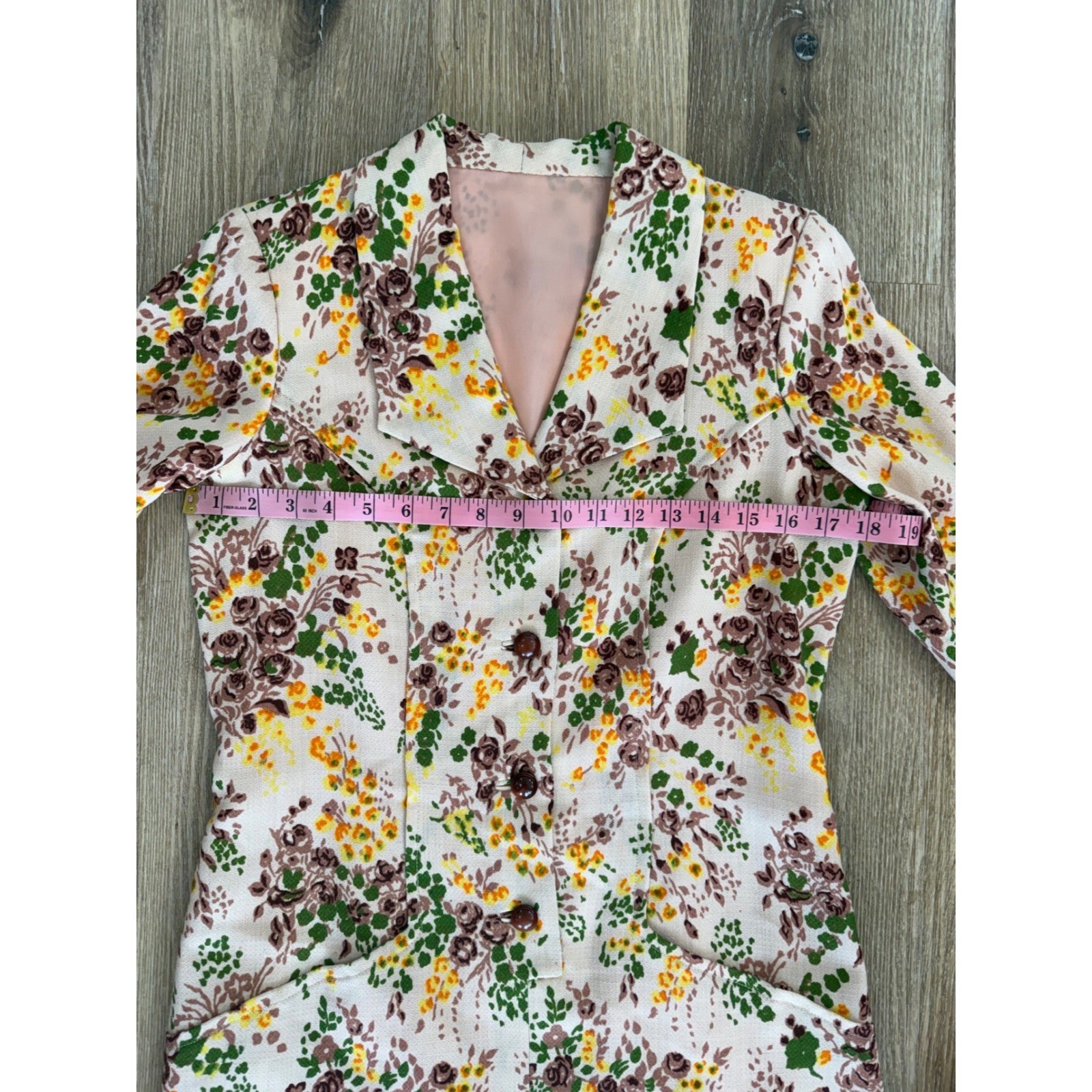 VTG Floral Long Sleeve Button Front Coat Dress Womens M Cream Brown Green Retro