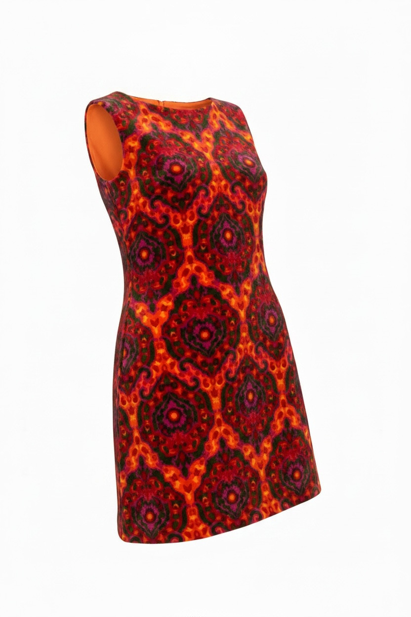 Vintage 60s Psychedelic MOD Sleeveless Dress Velour Zip Up Back Tapestry XL 14