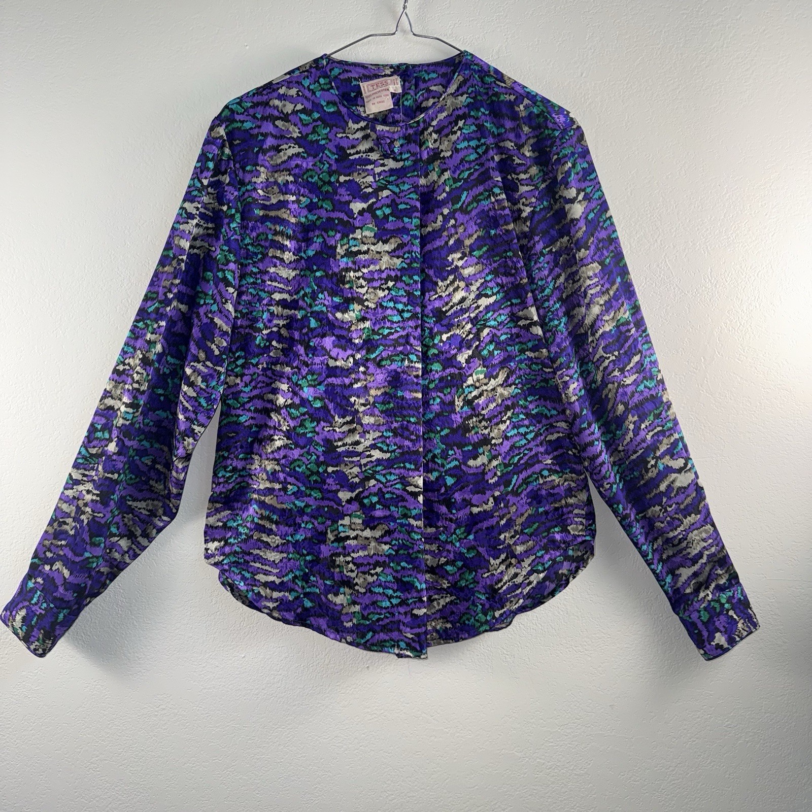 Vintage Tess Paris Milano 80s Secretary Blouse Size 8 Abstract Animal Print Top