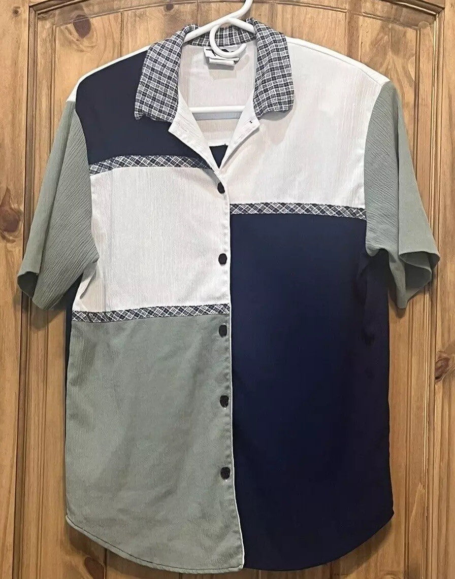 Vintage 90s Colorblock Button Up Shirt S Navy Sage Plaid Neo Nostalgia Modern