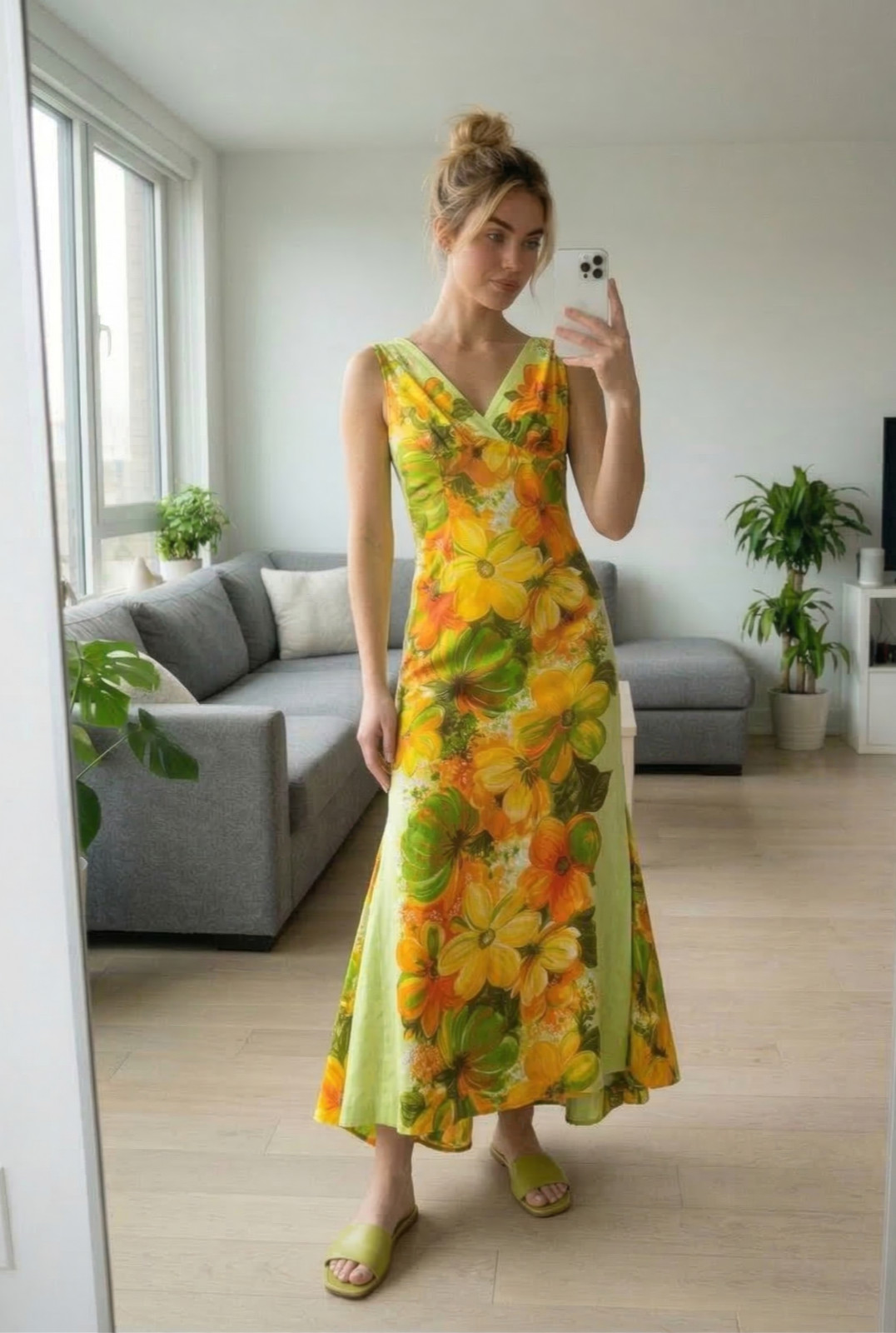 Vintage Hawaiian Watteau Back Floral Maxi Dress Small Cotton Waterfall Back Luau