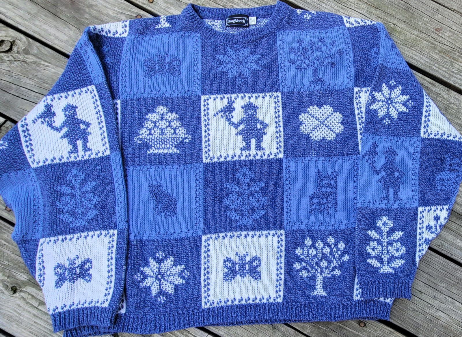 VTG 80s BonWorth Heavy Knit Sweater Blue White USA Rare XL Long Sleeve Granny