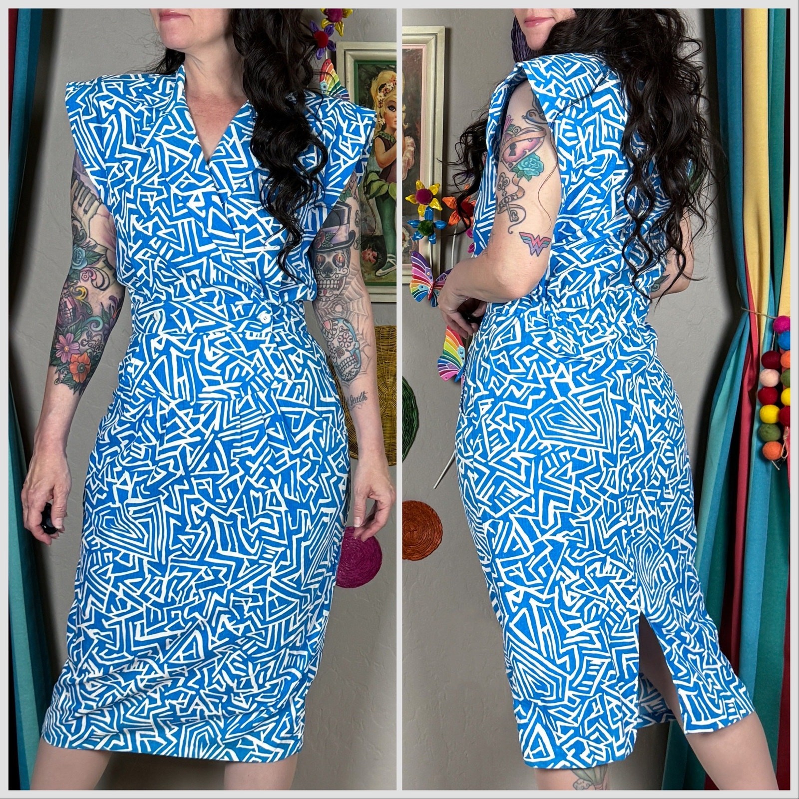 Vintage 1980s Blue & White Abstract Geometric Print Cotton Dress | 26&Prime;-28&Prime; Waist