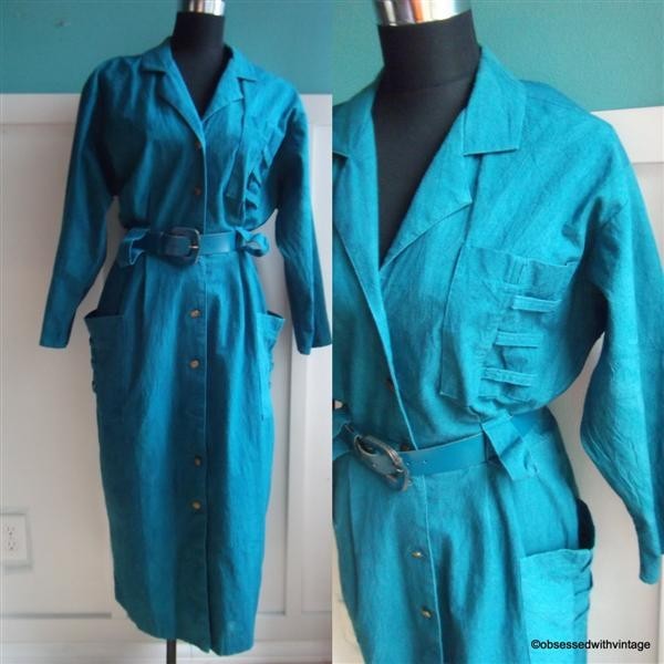 VTG 80&rsquo;s dark teal wrinkle dyed boho button shirt career dress L