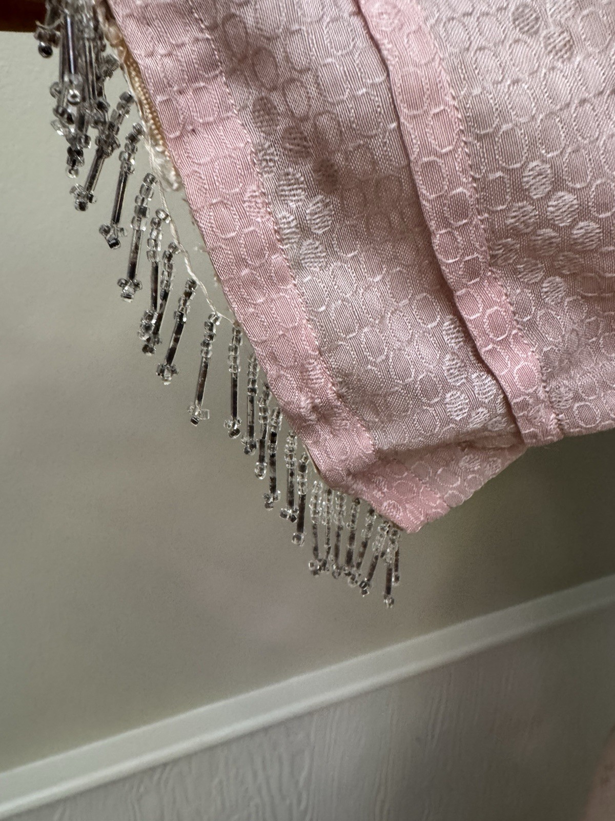 Vintage 1920s Pink Silk Jacquard Flapper Dress Soutache Bugle Bead Fringe Deco