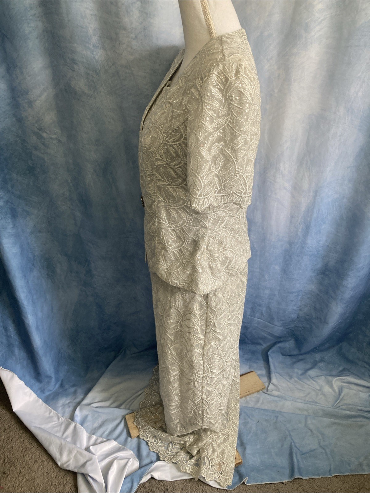 VTG 80s ASPEED USA Silver Lace Dress Jacket Set 2pc Formal Gown Prom Wedding Med