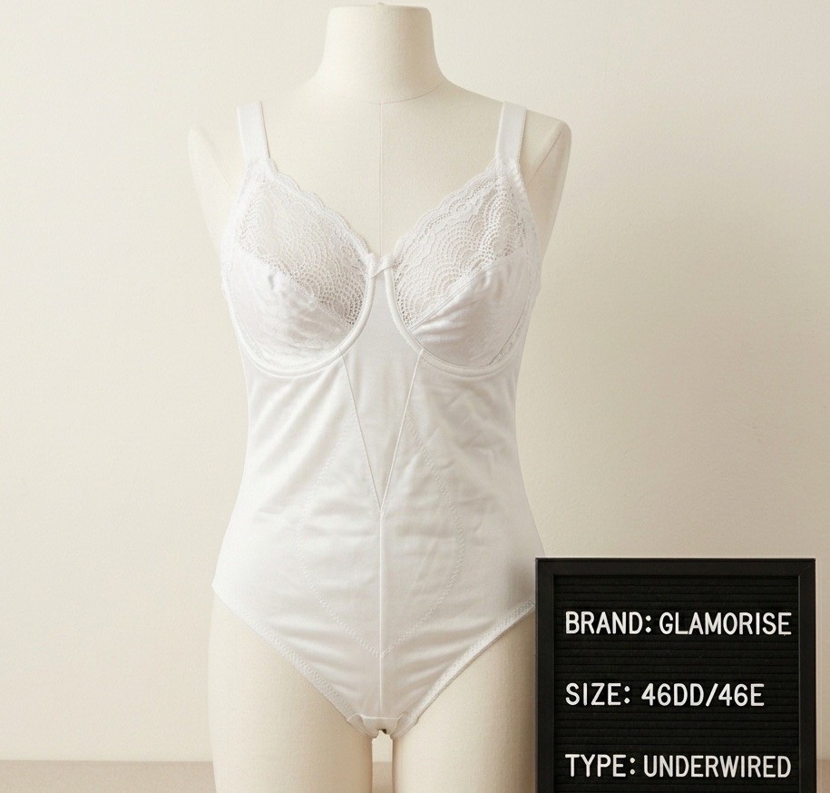 Vtg Glamorise Special Request Body Briefer 46DD 46E White Shaper Bodysuit USA
