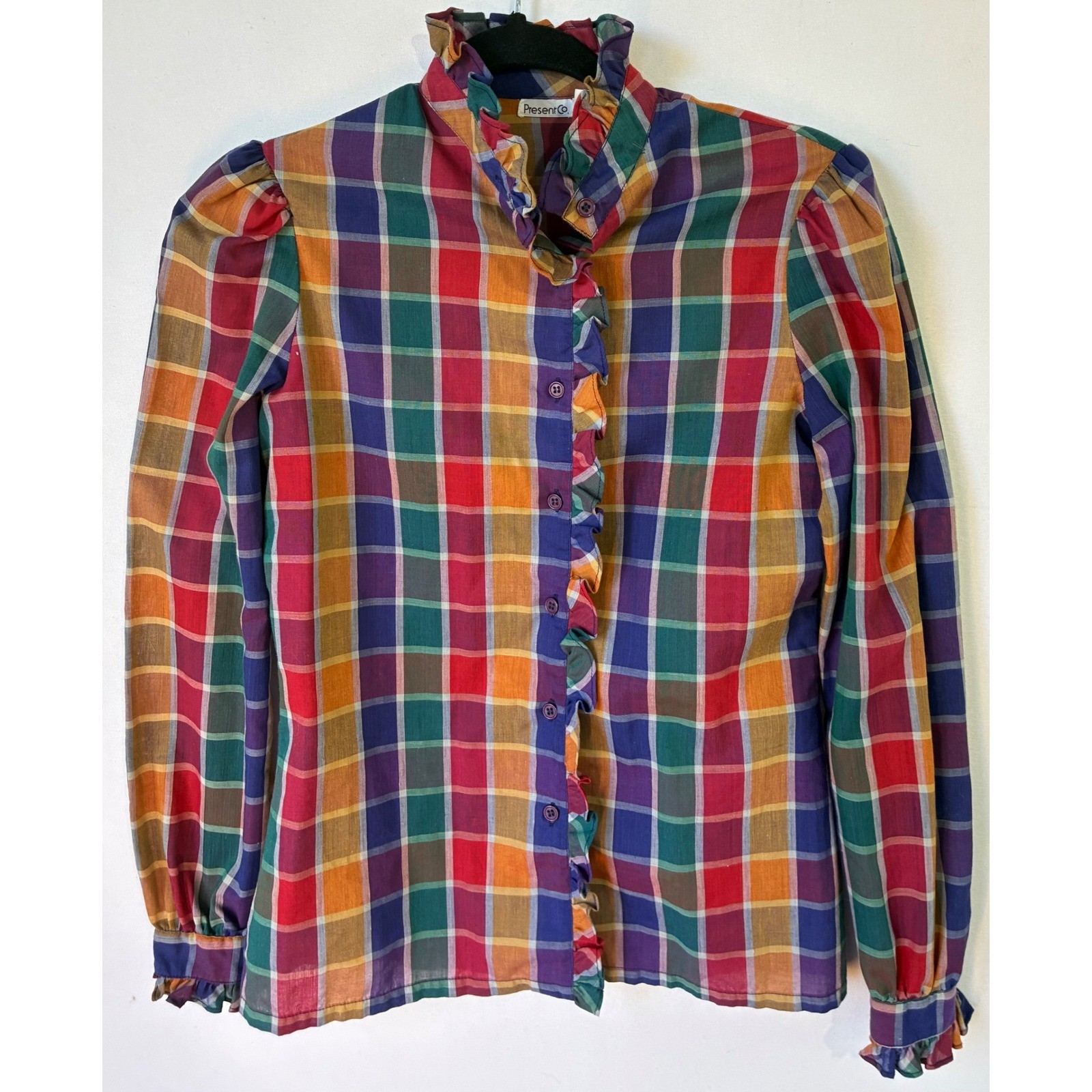 Present Co Plaid Ruffle Blouse Vintage Womens 5/6 Multi Color Excellent