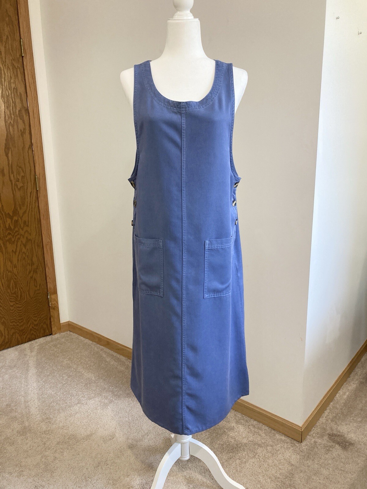 Vintage AKS Amy K Su Blue Denim Tencel Sleeveless Women Dress Petite Large