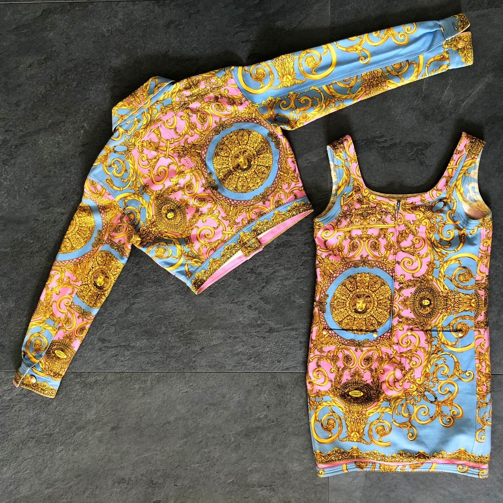 GIANNI VERSACE denim jacket & mini dress Golden Vanitas print 42 from S/S 1992