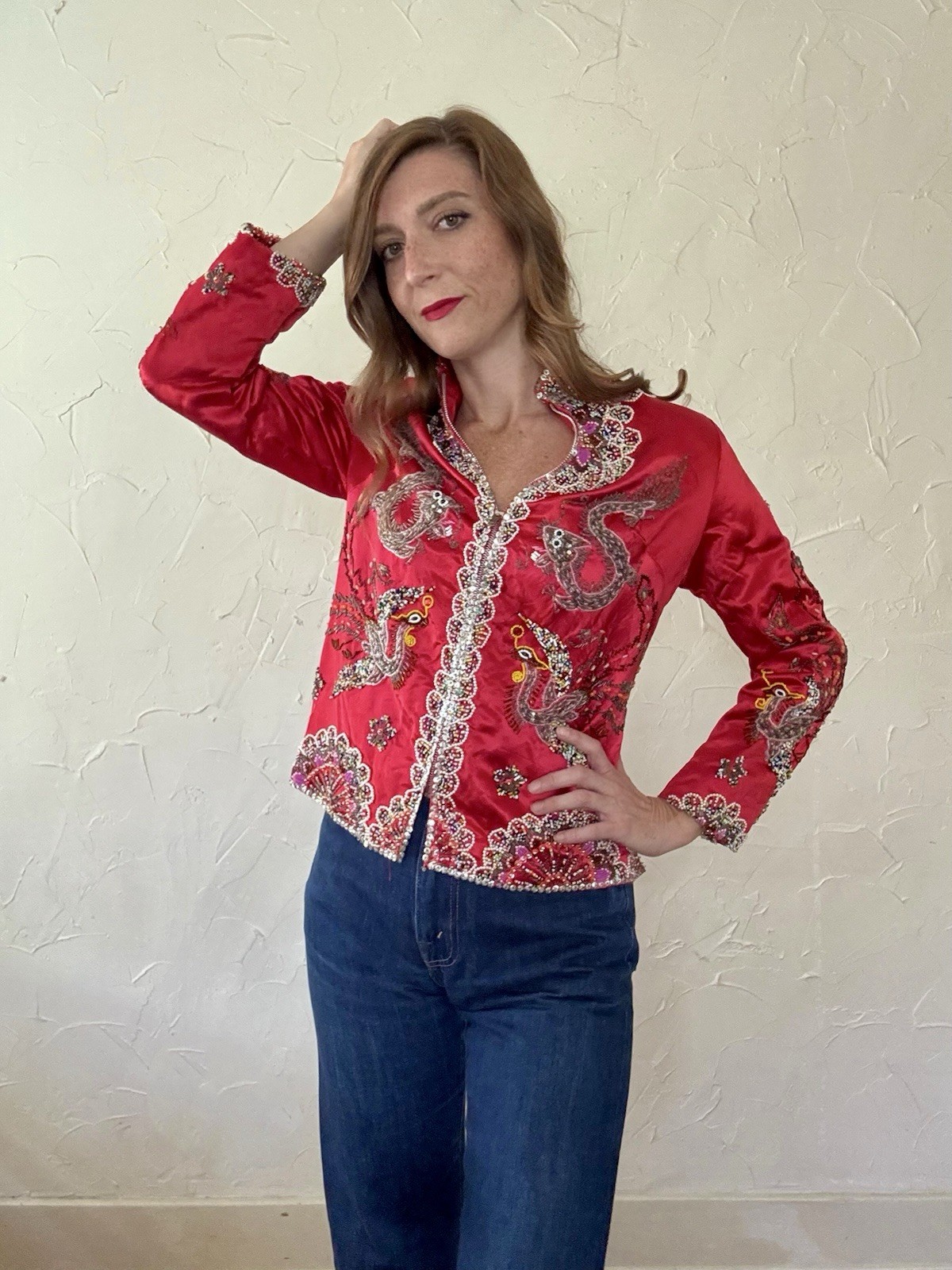 VTG 1960s Red Satin Beaded Jacket Zip up Asian Influenced Dragon Phoenix Design