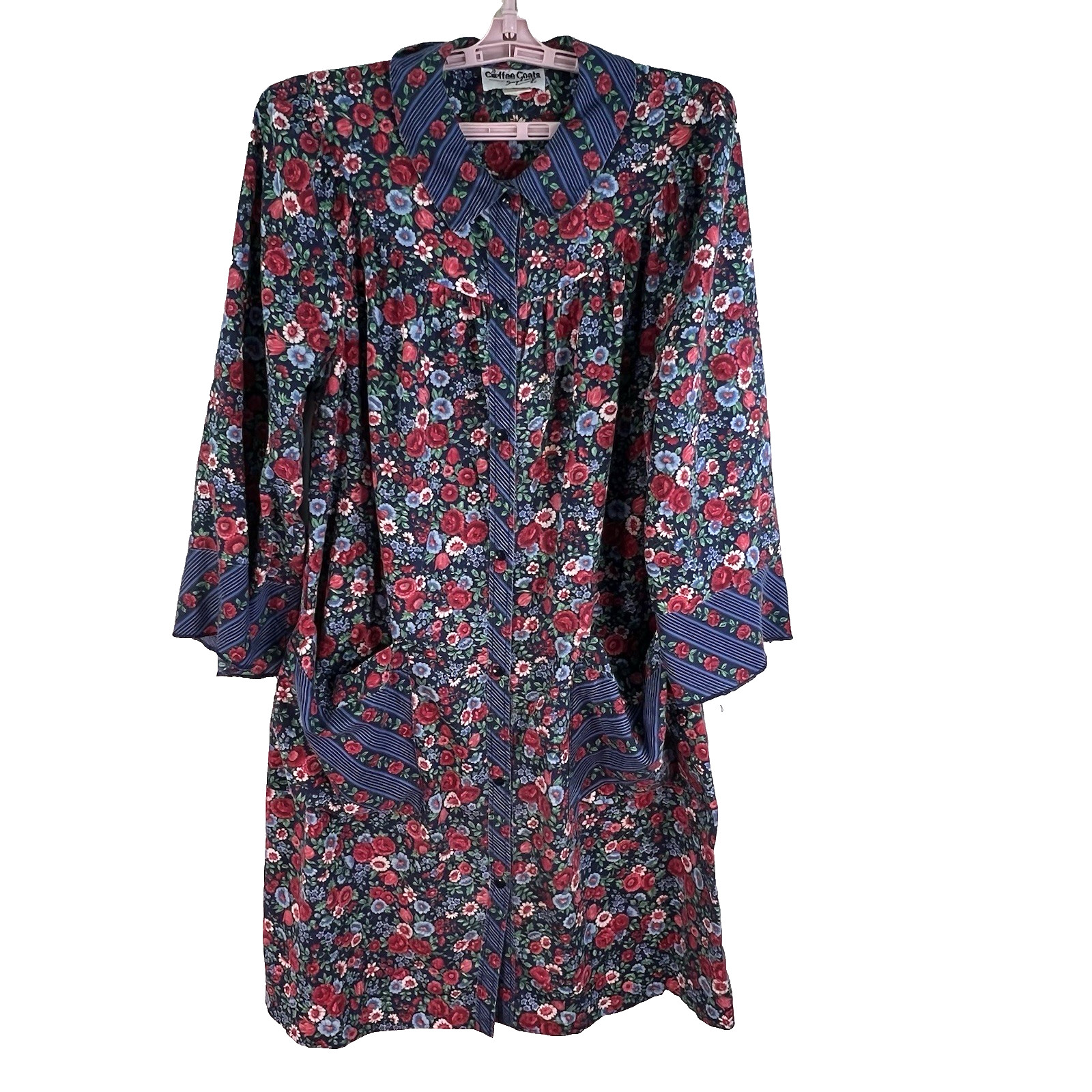 Vintage COFFEE COATS Robe House Dress Size L Muumuu Floral Snap Pockets