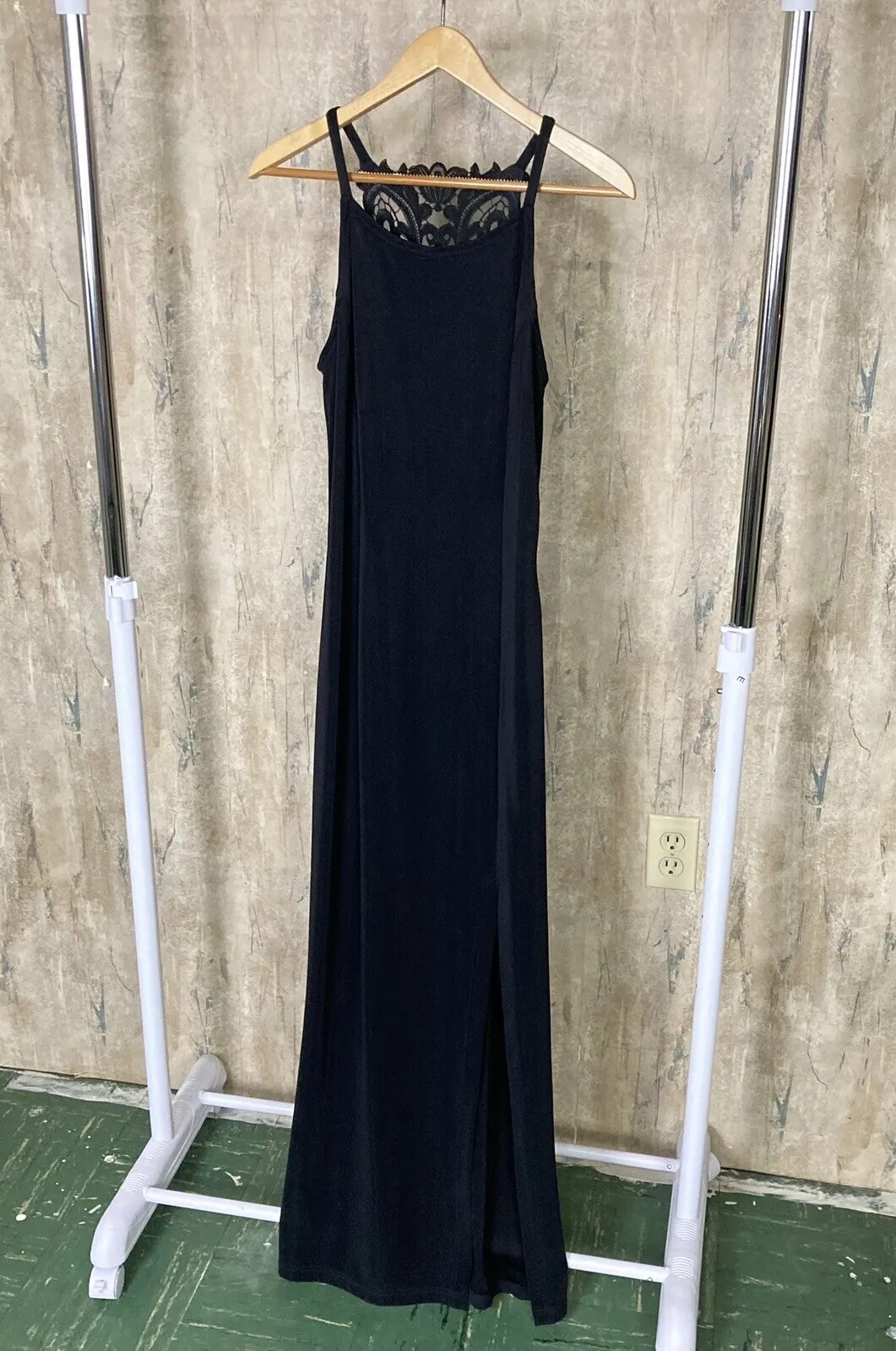VTG Scott McClintock Dress Sz 8 Sleeveless Maxi Lace Accent High Neck Black