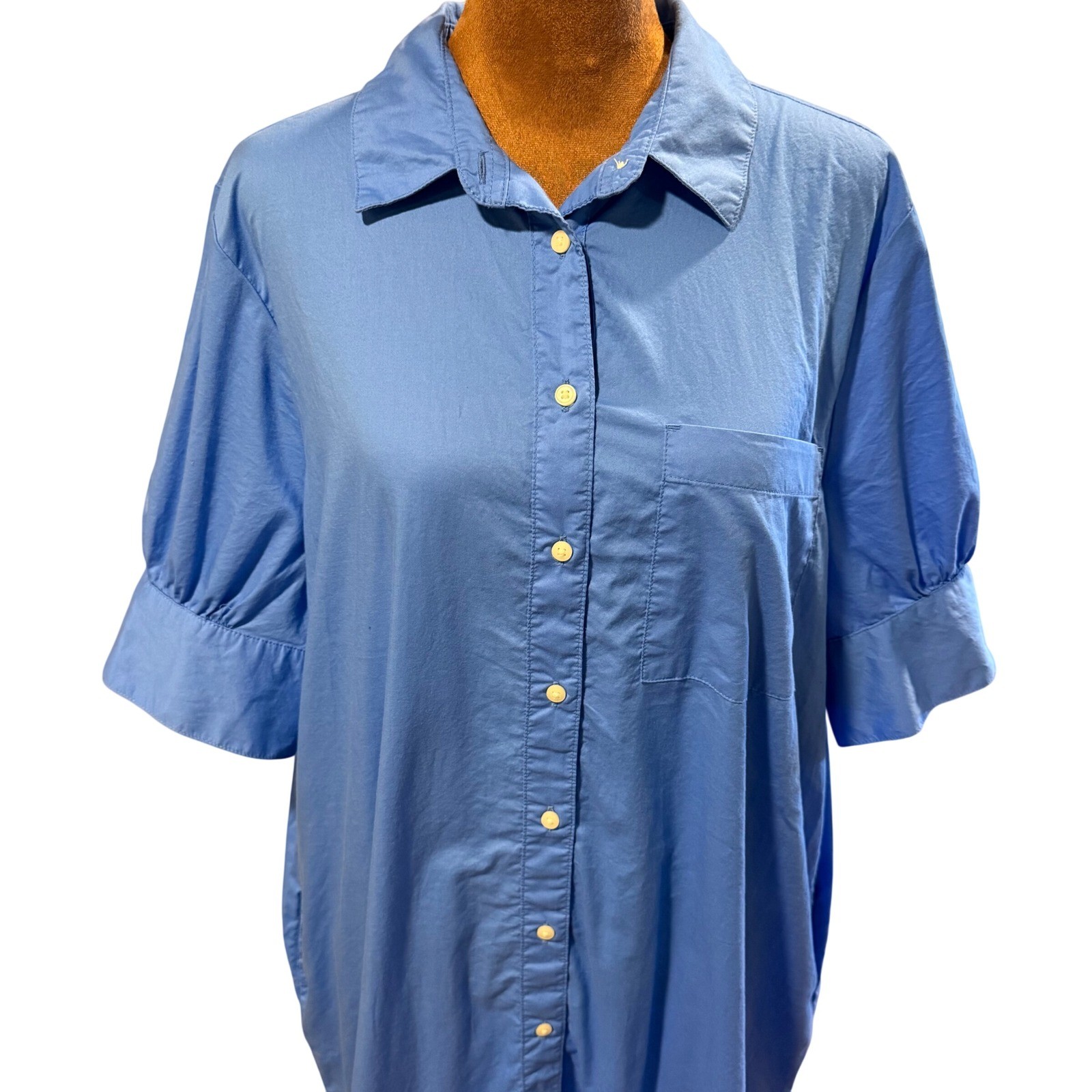 Old Navy Shirt Dress Womens L Blue Cotton Puff Sleeve Pockets Minimalist Casual
