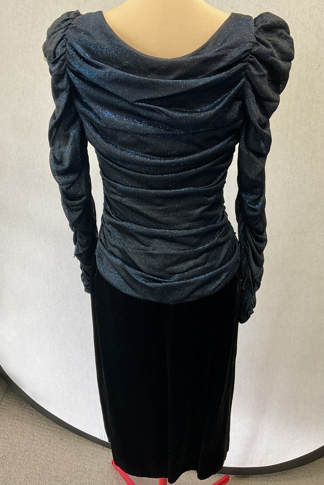 Vintage 1980s Evening Cocktail Soap Opera Dress Blue Glitter Black Velvet Medium