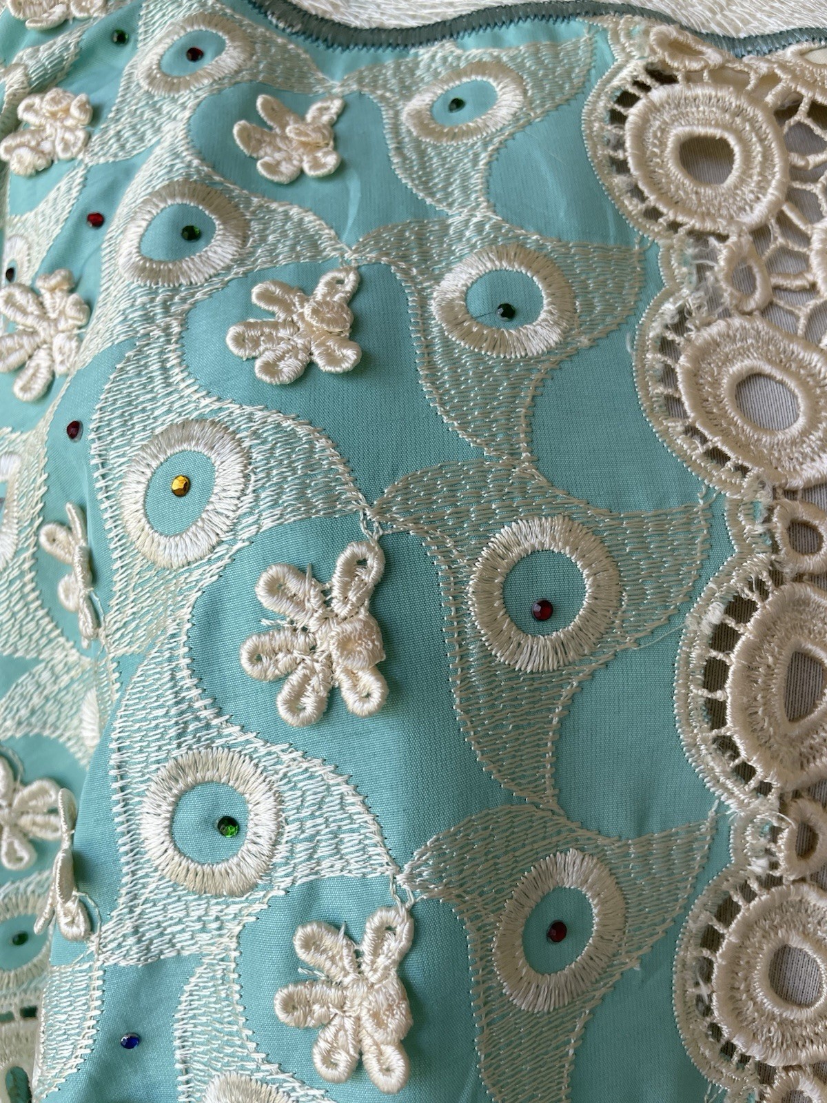 Vintage 1970s Teal Woman’s Floral Embroidery Bedazzled Caftan Dress – Unbranded