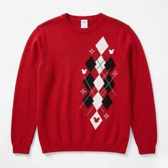 Vintage 90s Mickey Mouse Disney Argyle Pullover Sweater Oversized Red – XL