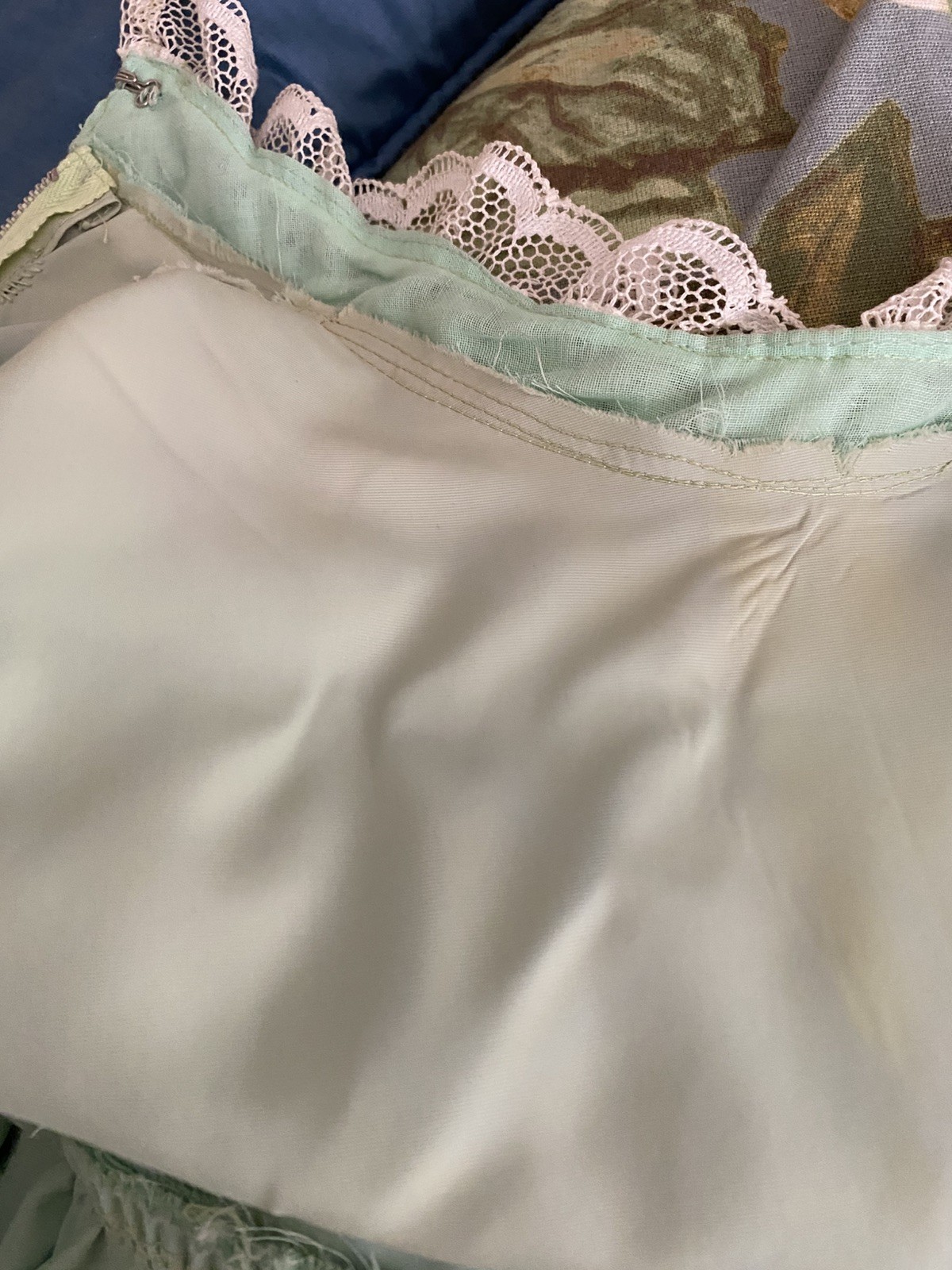 Vtg 70s Mint Green Chiffon Maxi Bridesmaid Dress Lace trim, high neck