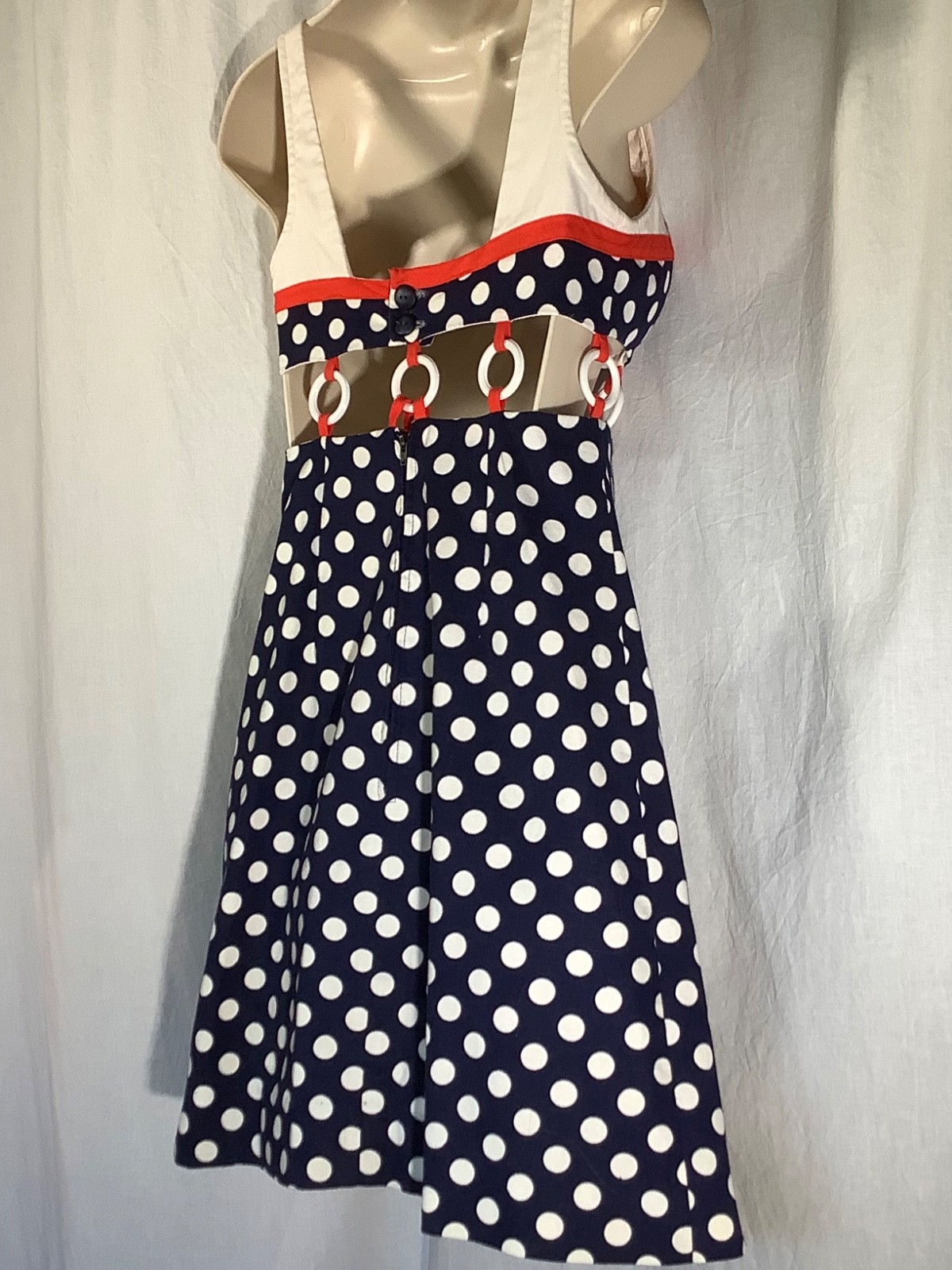 Vintage ring Mini Dress 5 beach party 60s polka dot Midriff red white blue XXS