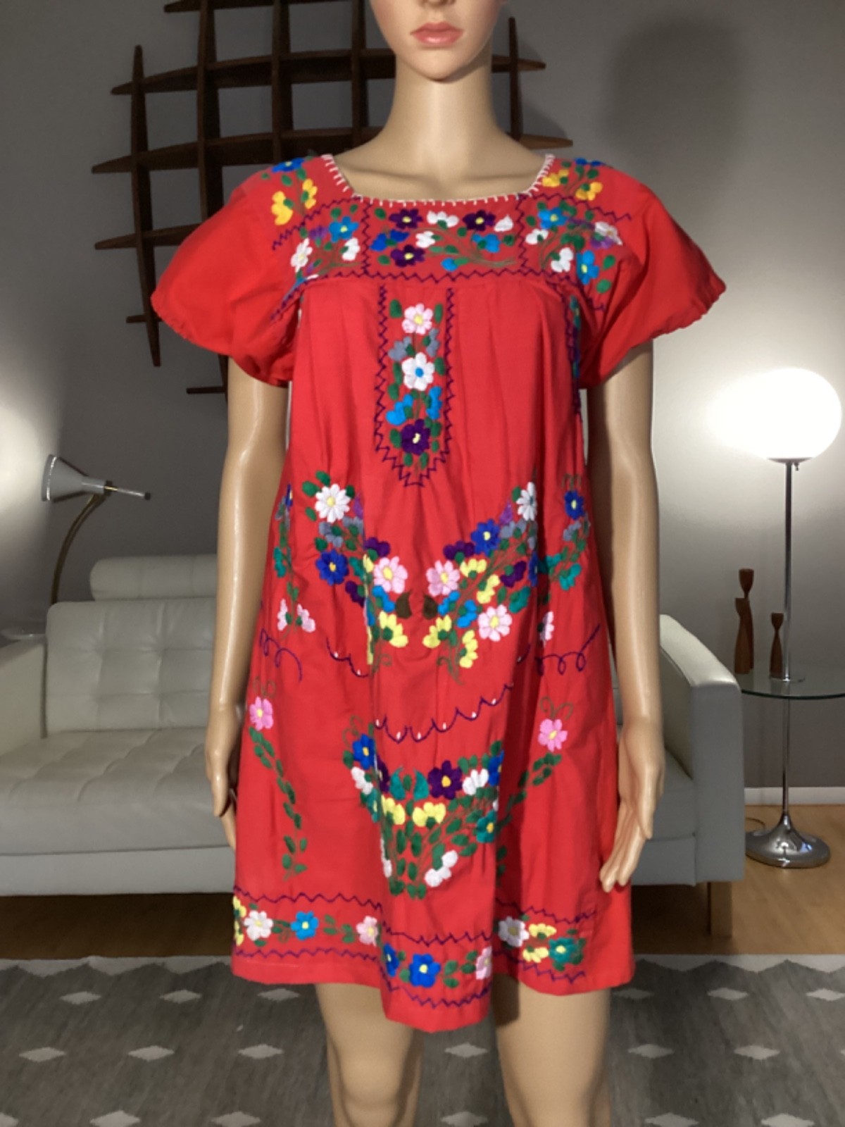 Vintage 70s Mexican Oaxacan Hand Embroidered Floral Red Mini Dress Hippie Boho