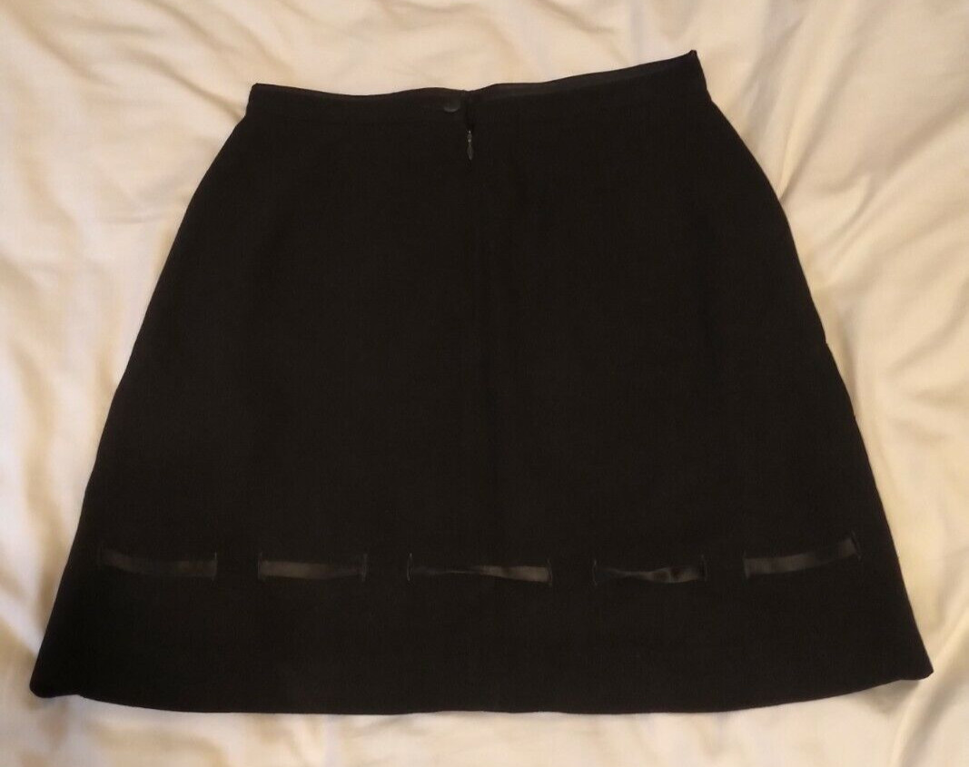 VINTAGE 1990S BYBLOS BLACK A-LINE WOOL MINI SKIRT RIBBON TRIMS ITALIAN 42 US 8