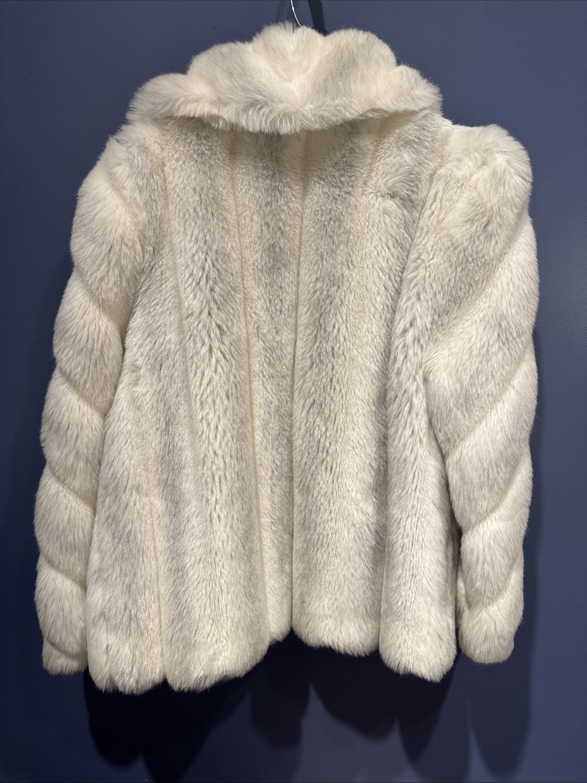 Large Vintage Jordache Faux Fur Coat Cream Ribbed Mid Length Jacket Women&rsquo;s USA