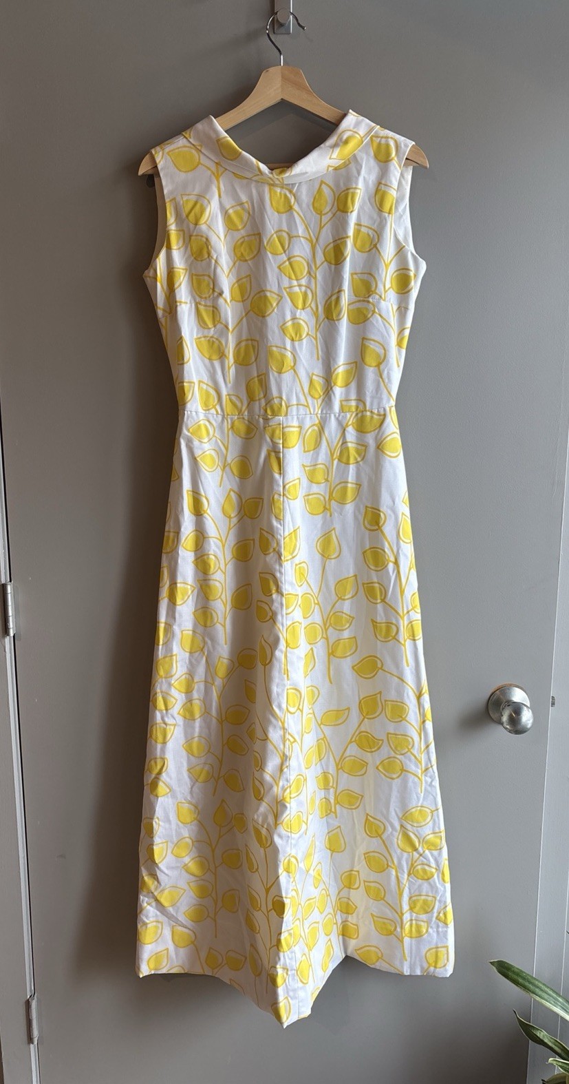 Vintage The Vested Gentress Yellow Print Leaf Maxi Dress Boho Mod Hipster Chic
