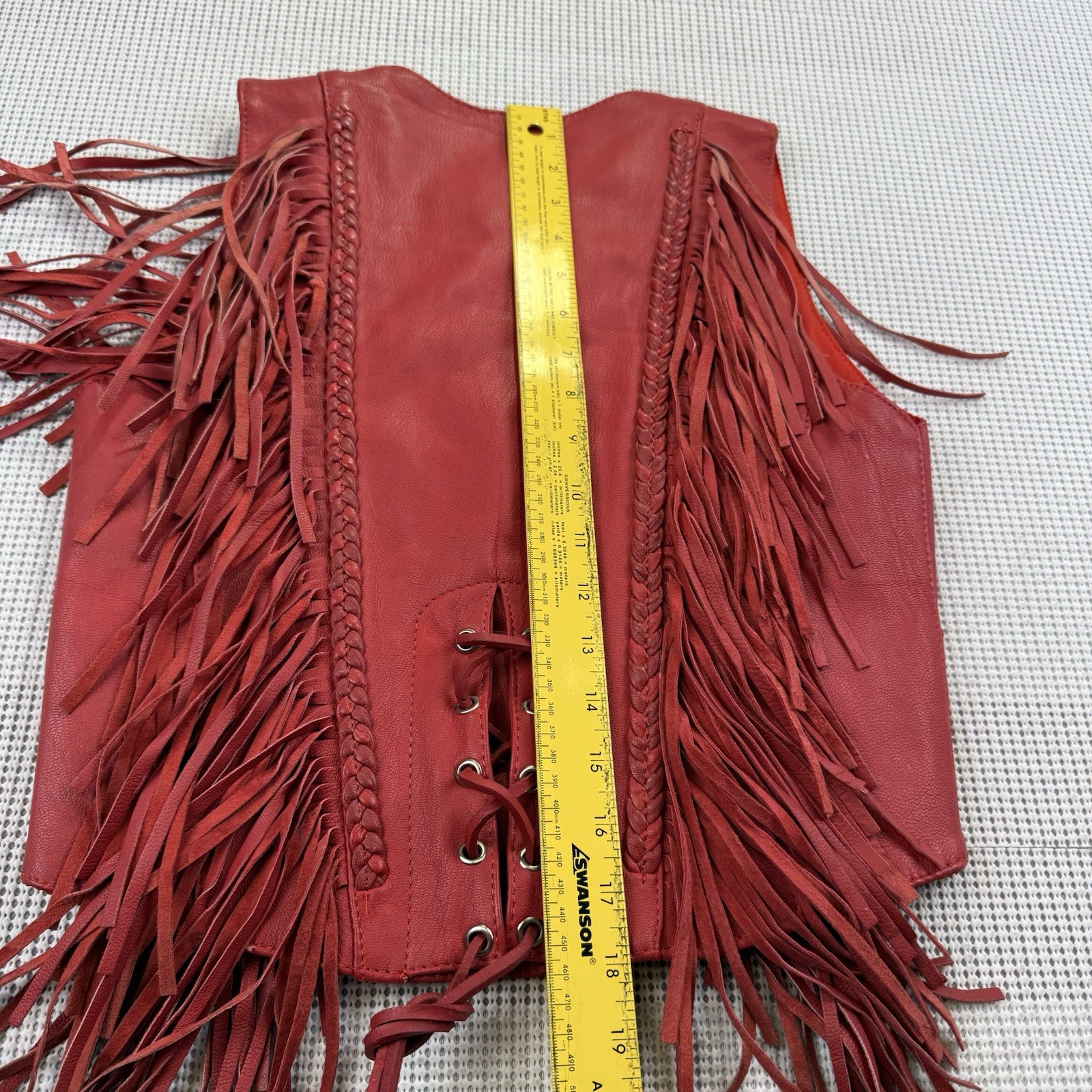 Vintage Antelope Creek Women’s 2XS Red Leather Fringed Vest, Lined, Pockets GUC