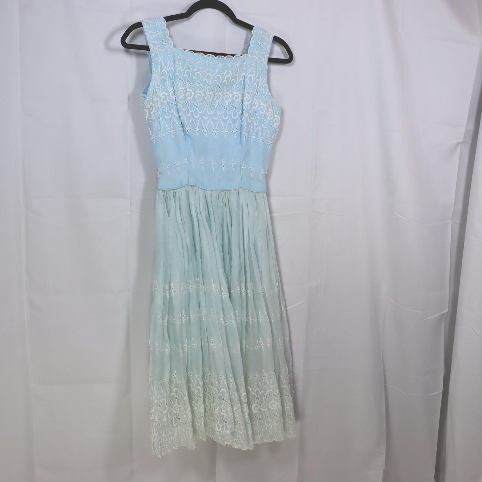 Vintage Eyelet Lace Midi Dress Womens XS Blue Embroidered Scalloped Tea Dress