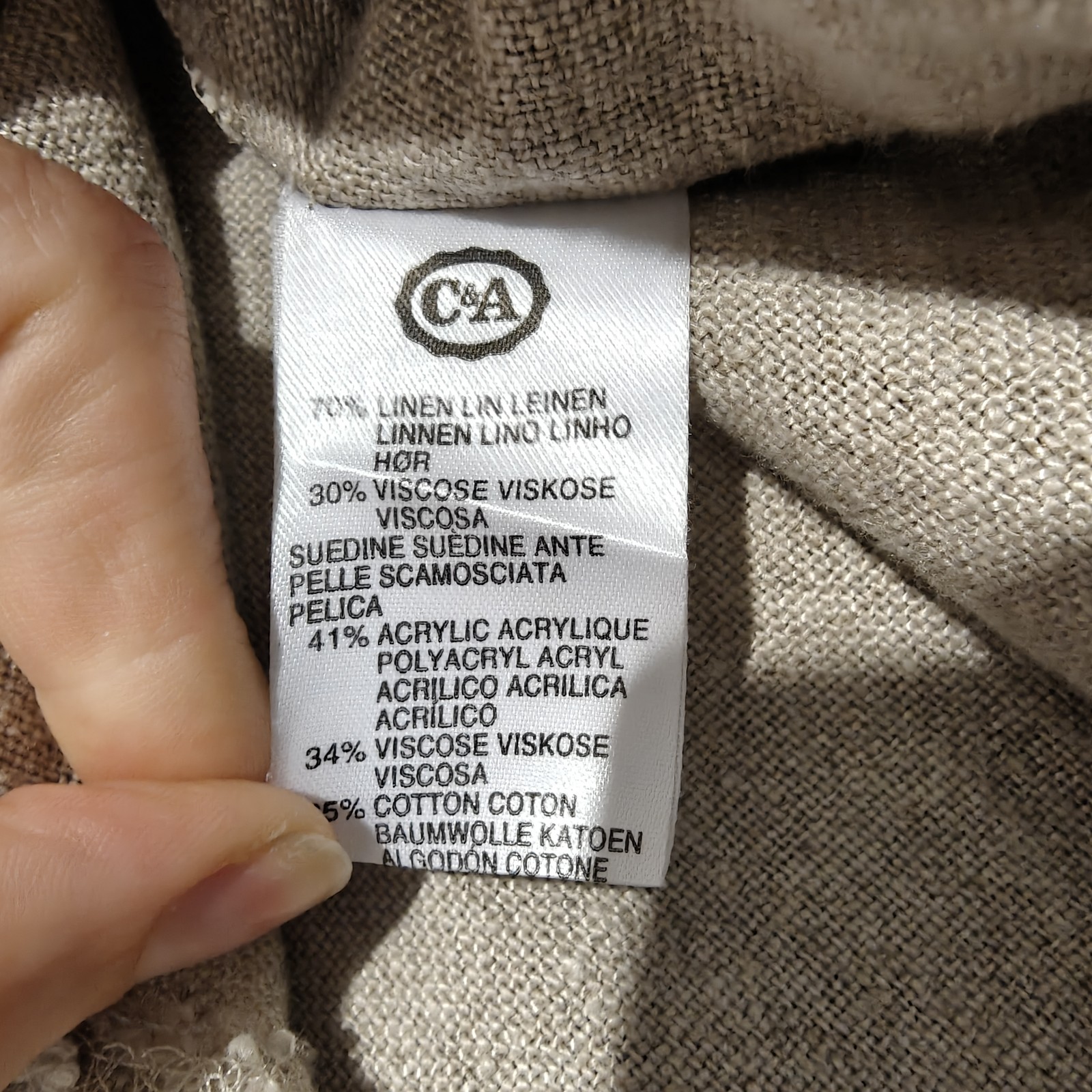 Your Sixth Sense C&A Linen Blend Blouse Vintage Beige Khaki Velvet Trim UK 16