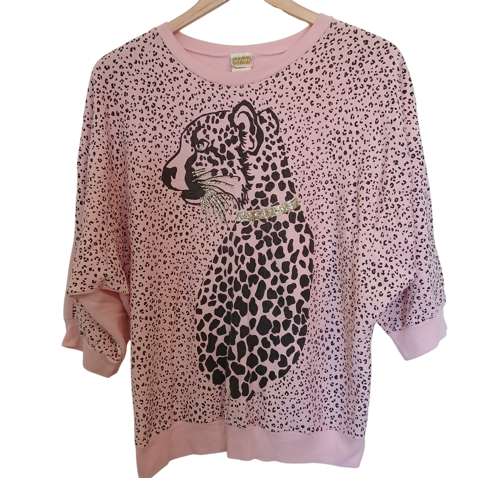 VTG &rsquo;80s Leopard Cat Graphic Print Pink Dolman Sleeve Shirt Glitter Valley Girl