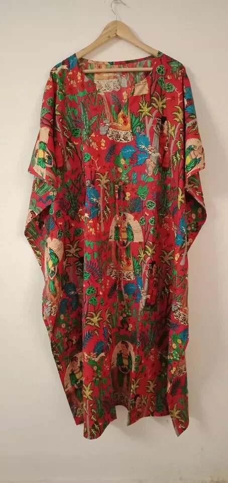 Frida Kahlo Design Caftan Indian Bohemian Nightwear Red Dress Long Kaftan Maxi