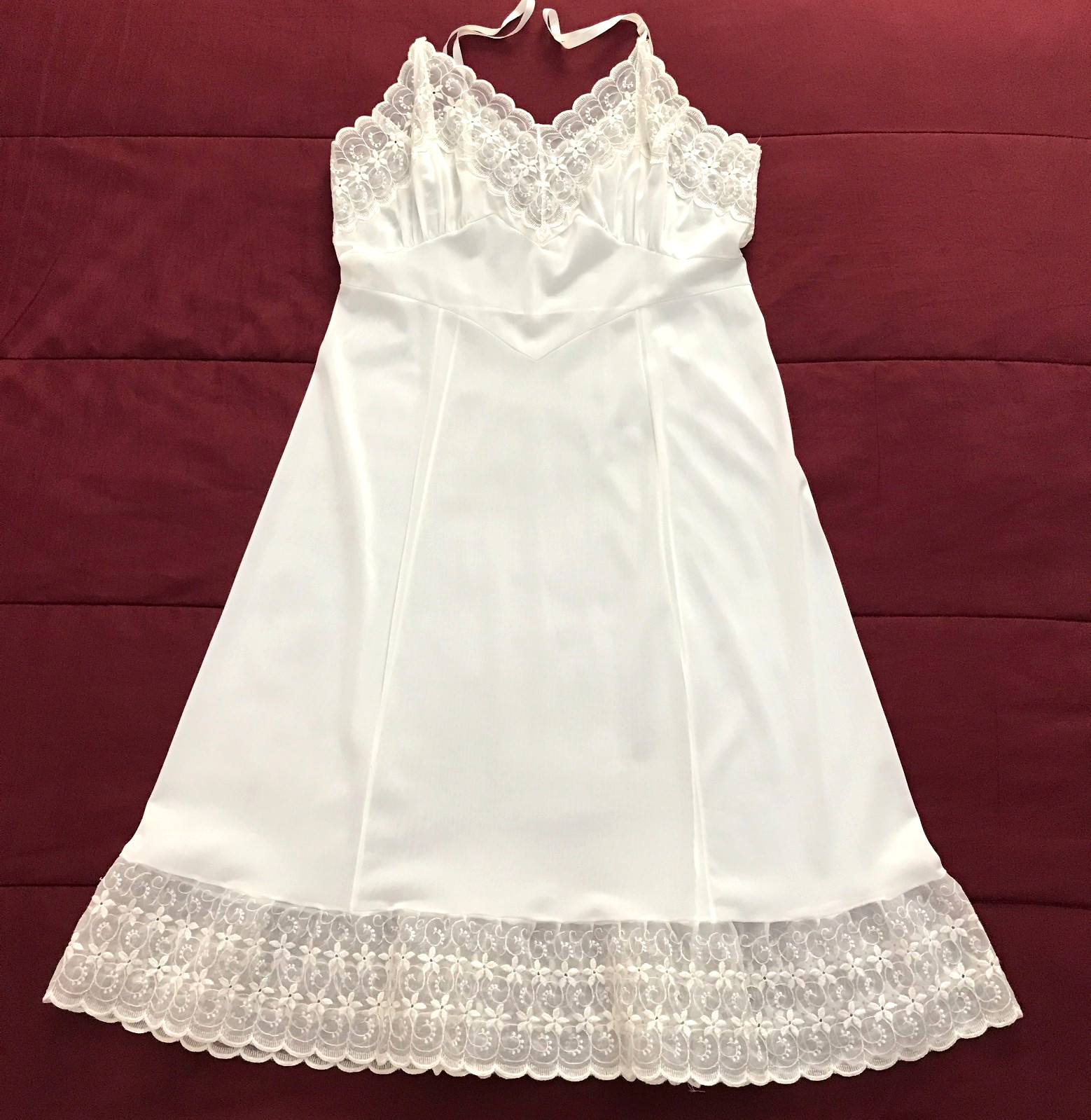 Vintage MARY BARRON Sz 38 ALL NYLON Ivory FULL SLIP / Dress EYELET TRIM ~ FAB